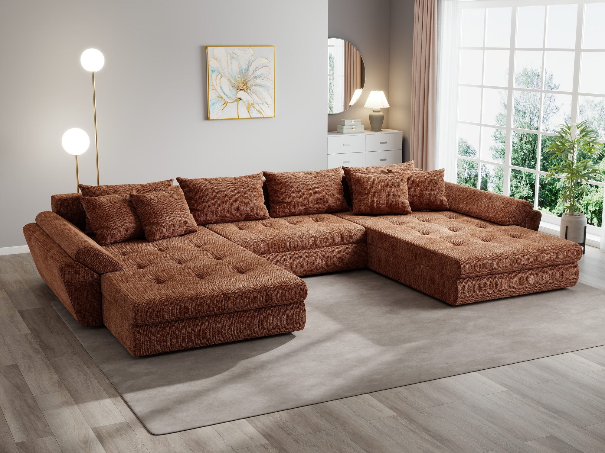 Colțar extensibil dumonde cu ladă de depozitare si sezut confortabil din spuma high-density, Loana U Cremona Teracota 52 355x185 cm