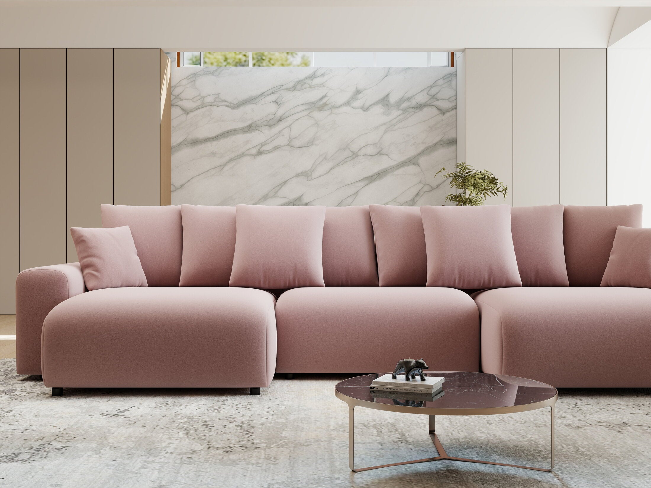 Colțar extensibil dumonde cu ladă de depozitare si sezut confortabil din spuma HR, Luma U Royal Roz 336x140 cm