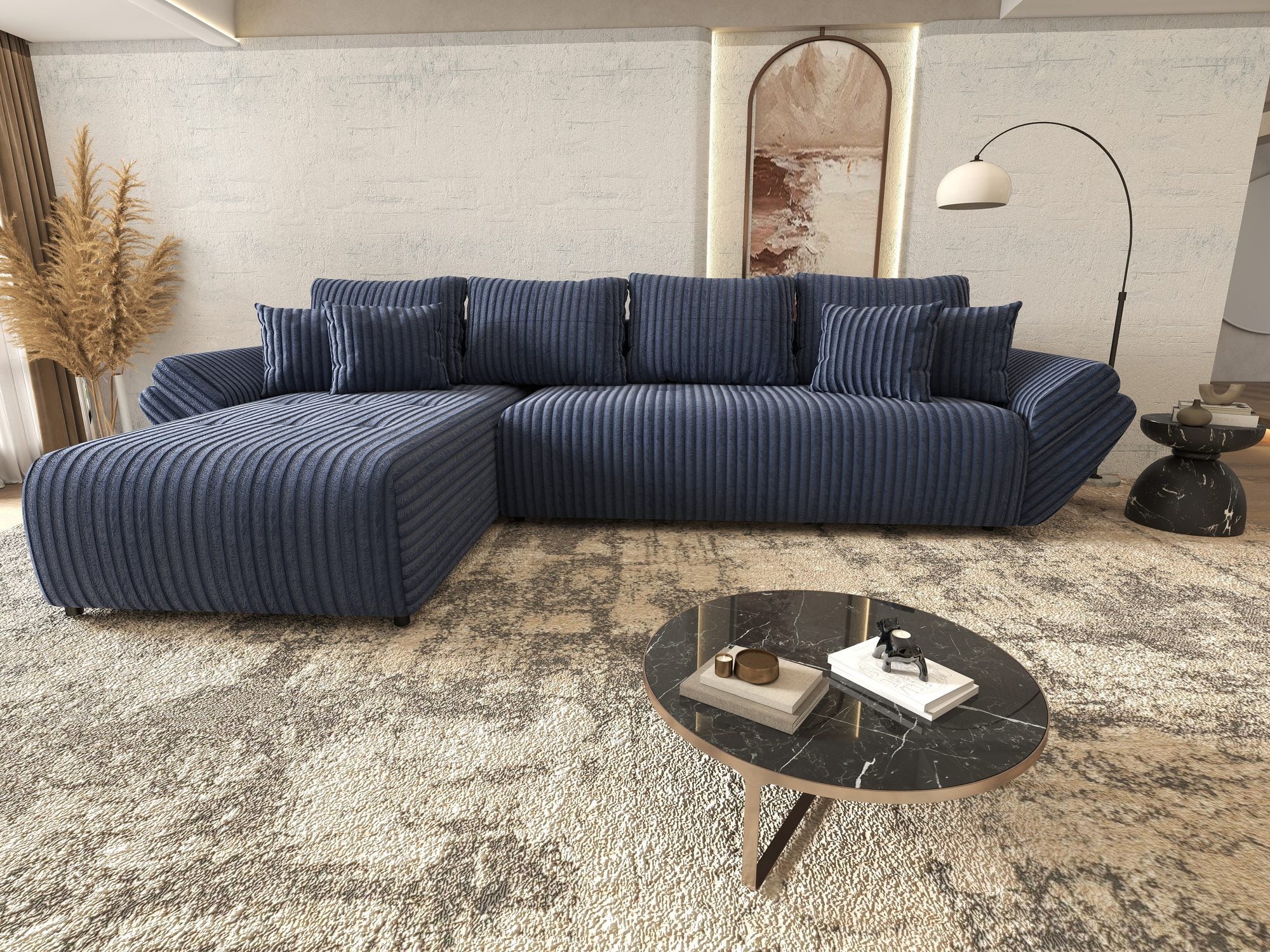 Colțar extensibil dumonde cu ladă de depozitare si sezut confortabil din spuma high-density, Berlin XL Tilia Albastru 77 350x185 cm