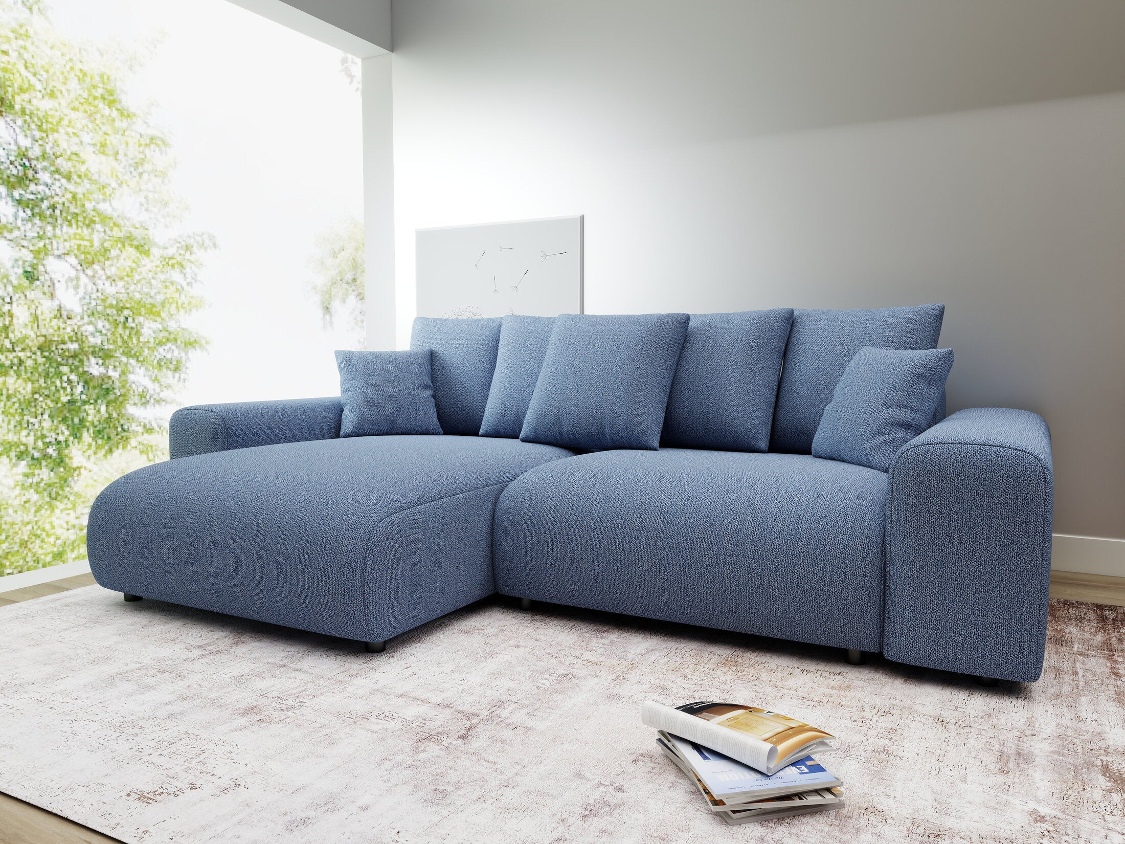 Colțar extensibil dumonde cu ladă de depozitare și șezut confortabil din spumă HR, Luma Enjoy Albastru 255x168 cm