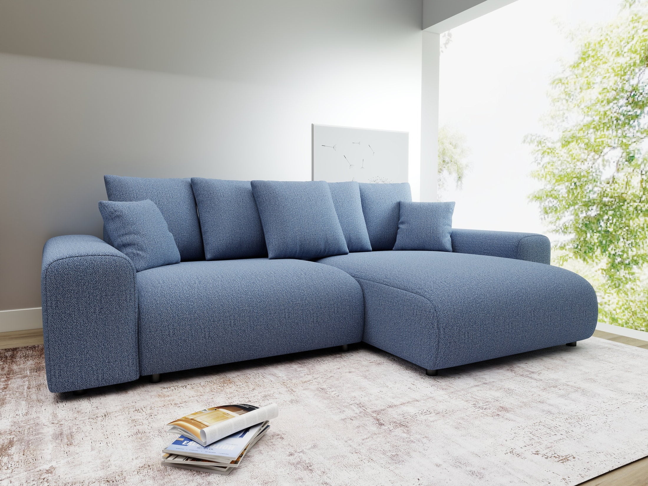 Colțar extensibil dumonde cu ladă de depozitare și șezut confortabil din spumă HR, Luma Enjoy Albastru 255x168 cm II