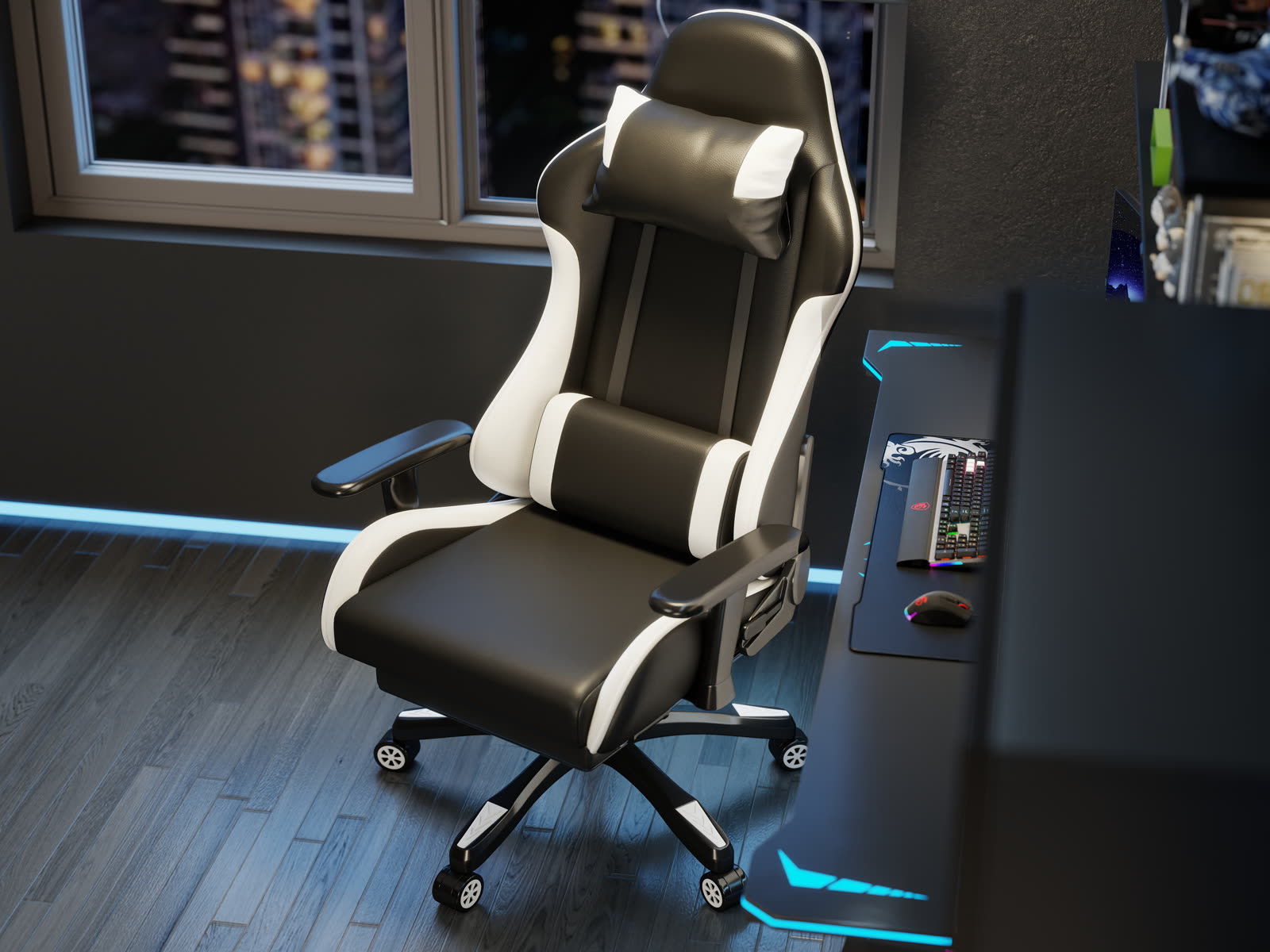 Scaun gaming Dumonde RAVEN X, mecanism multifuncțional, ecopiele, suport picioare, negru