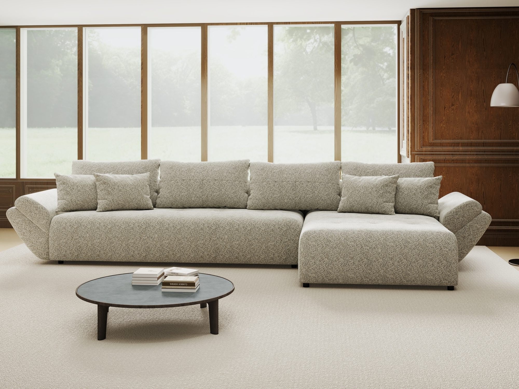 Colțar extensibil dumonde cu ladă de depozitare si sezut confortabil din spuma high-density, Berlin XL Arena Bej 2 II 350x185 cm