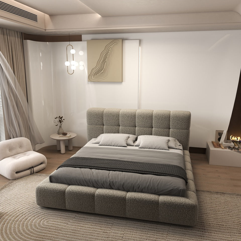 Pat dormitor dumonde, tapitat bej, Lorenzo 160x200 cm, somiera rabatabila inclusa, spatiu depozitare WLS