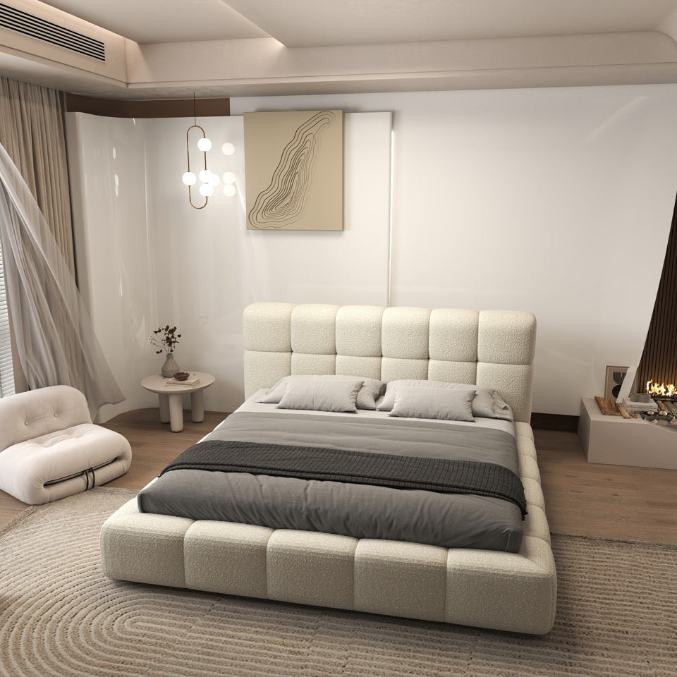 Pat dormitor dumonde, tapitat bej, Lorenzo 180x200 cm, somiera rabatabila inclusa, spatiu depozitare