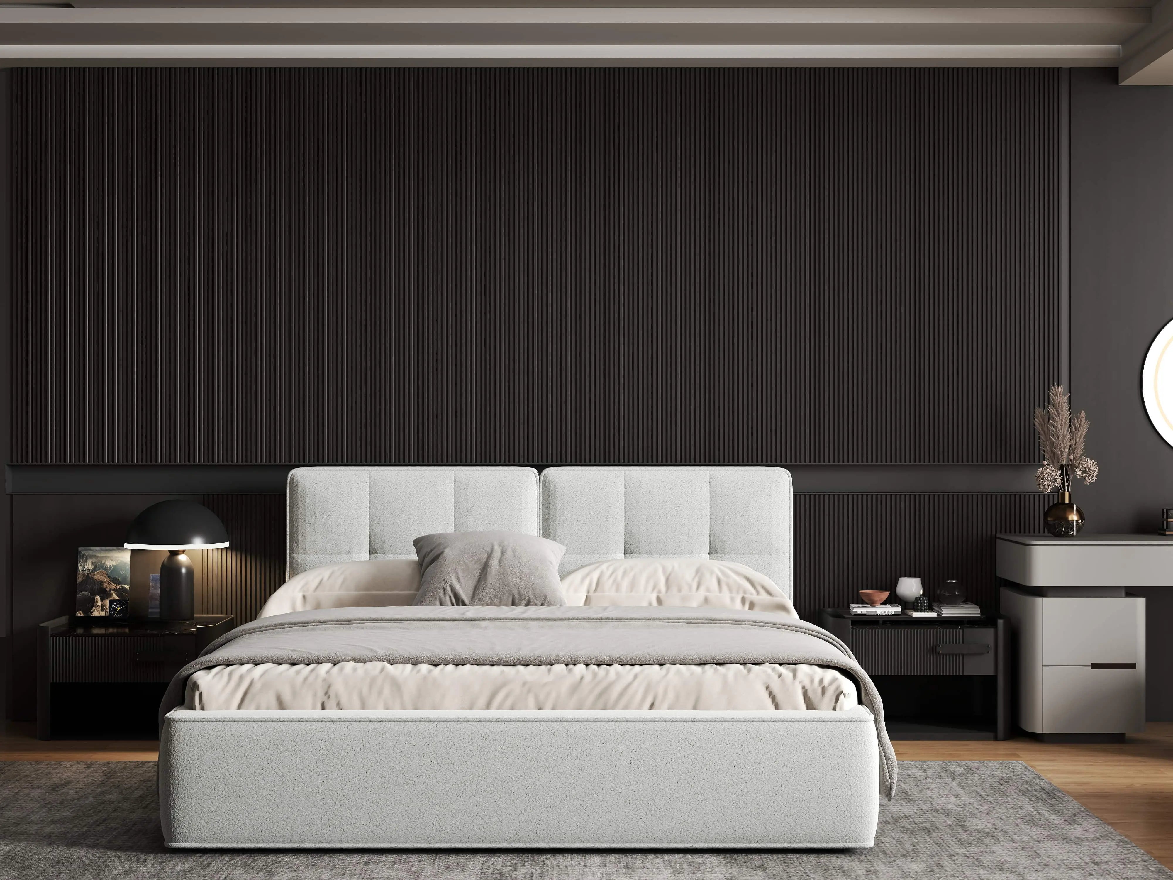 Pat dormitor dumonde, tapitat alb, Madrid 160x200 cm, somiera rabatabila inclusa, spatiu depozitare WLS