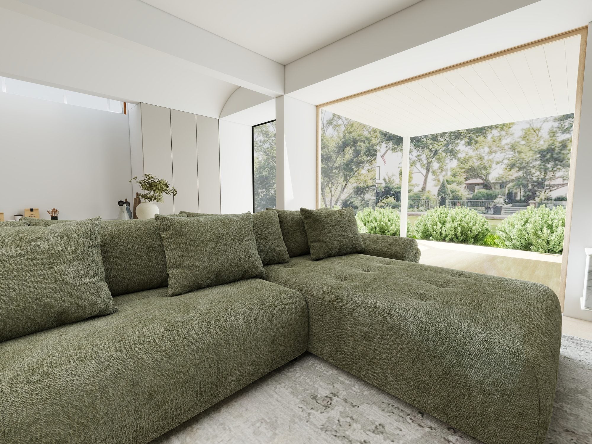 Colțar extensibil dumonde cu ladă de depozitare si sezut confortabil din spuma high-density, Berlin U Vibe Olive 38 380x180 cm