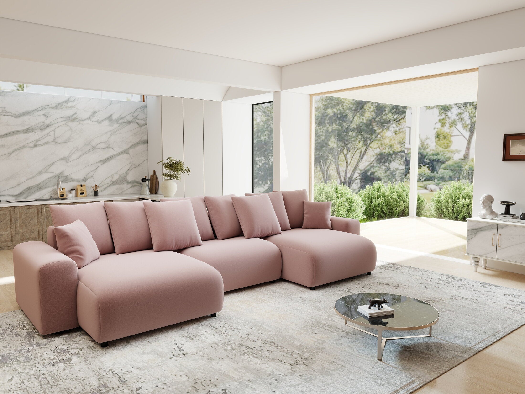 Colțar extensibil dumonde cu ladă de depozitare si sezut confortabil din spuma HR, Luma U Royal Roz 336x140 cm