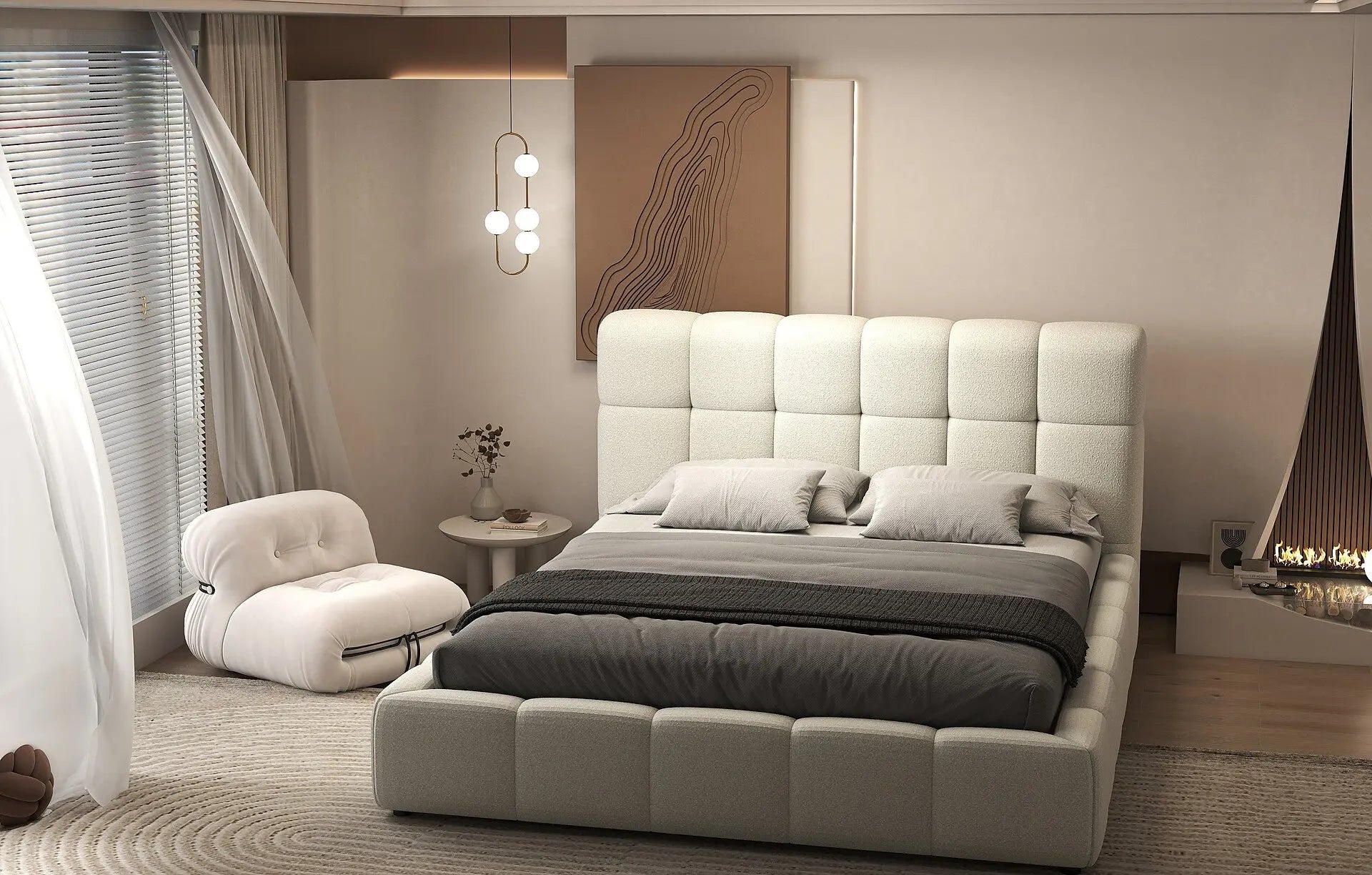 Pat dormitor dumonde, tapitat Alb, Lorenzo 160x200 cm, somiera rabatabila inclusa, spatiu depozitare WLS