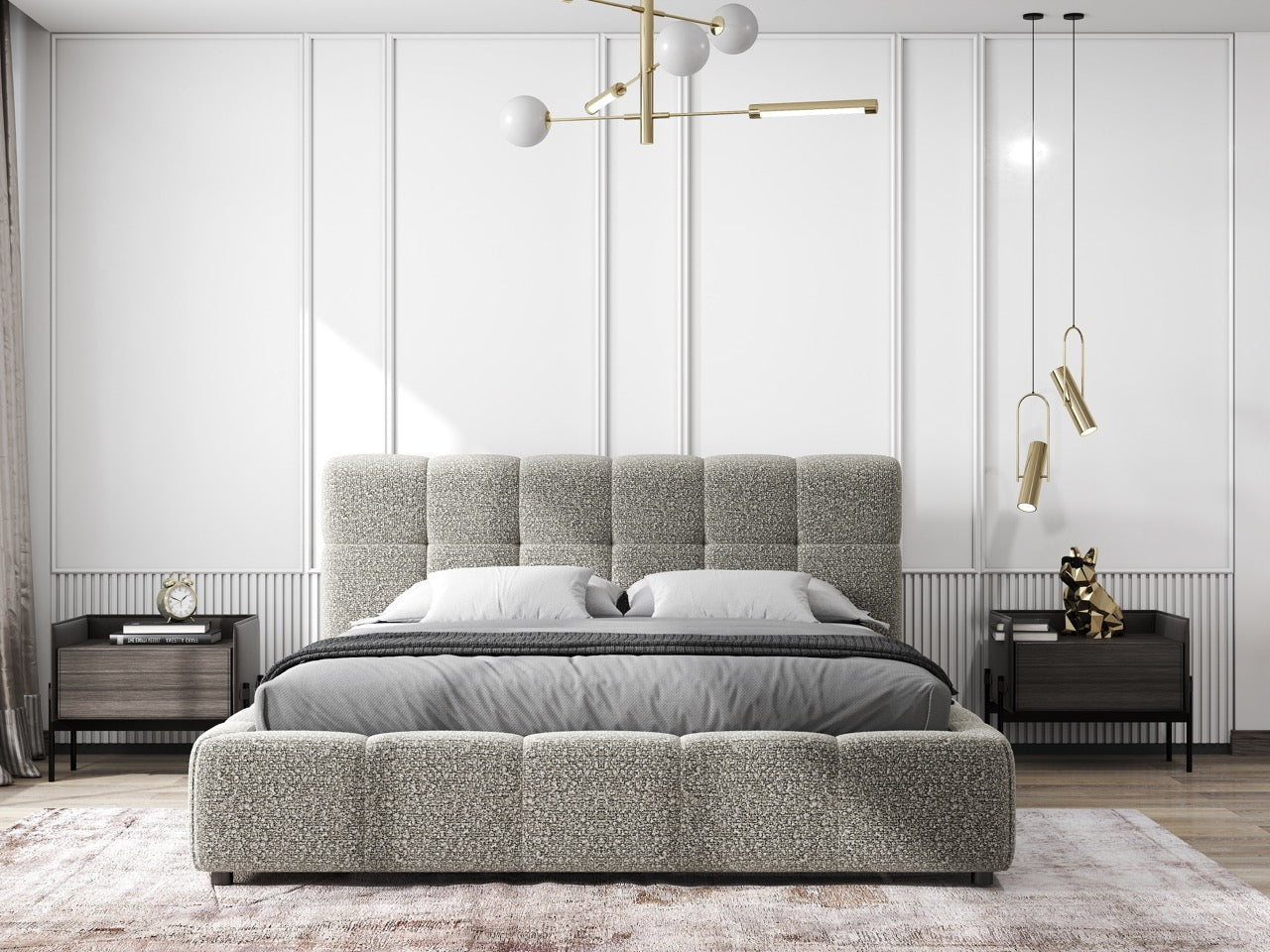 Pat dormitor dumonde, tapitat gri, Lorenzo 140x200 cm, somiera rabatabila inclusa, spatiu depozitare