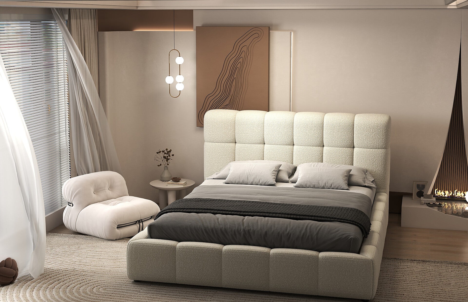 Pat dormitor dumonde, tapitat bej, Lorenzo 160x200 cm, somiera rabatabila inclusa, spatiu depozitare