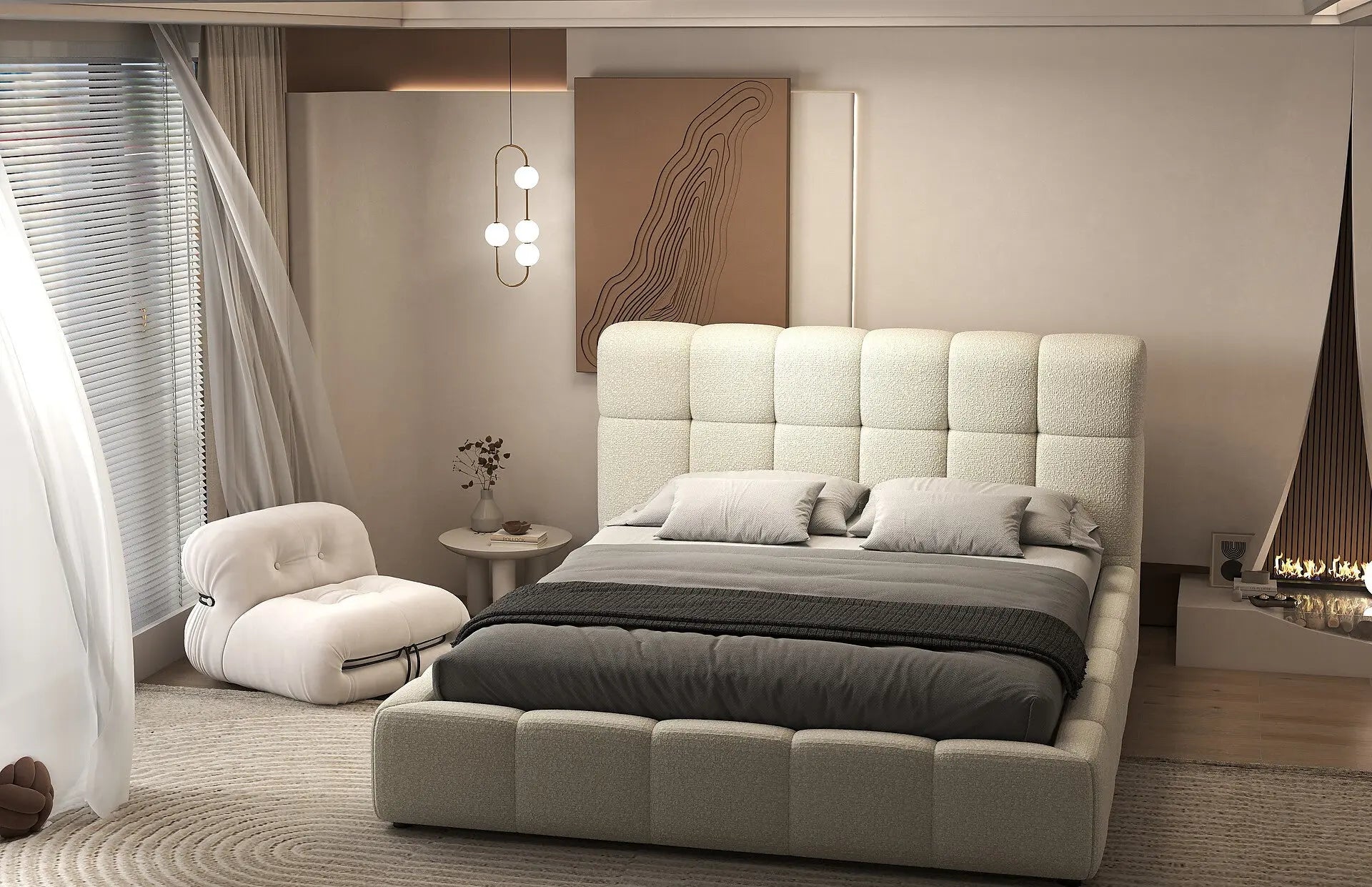 Pat dormitor dumonde, tapitat bej, Lorenzo 160x200 cm, somiera rabatabila inclusa, spatiu depozitare WLS