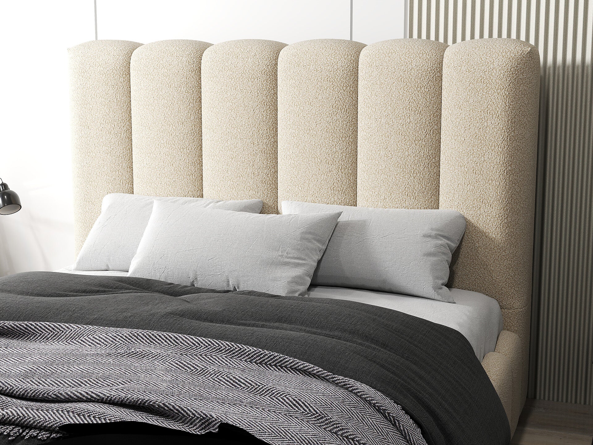 Pat dormitor dumonde, tapitat bej, Milano 160x200 cm, somiera rabatabila inclusa, spatiu depozitare