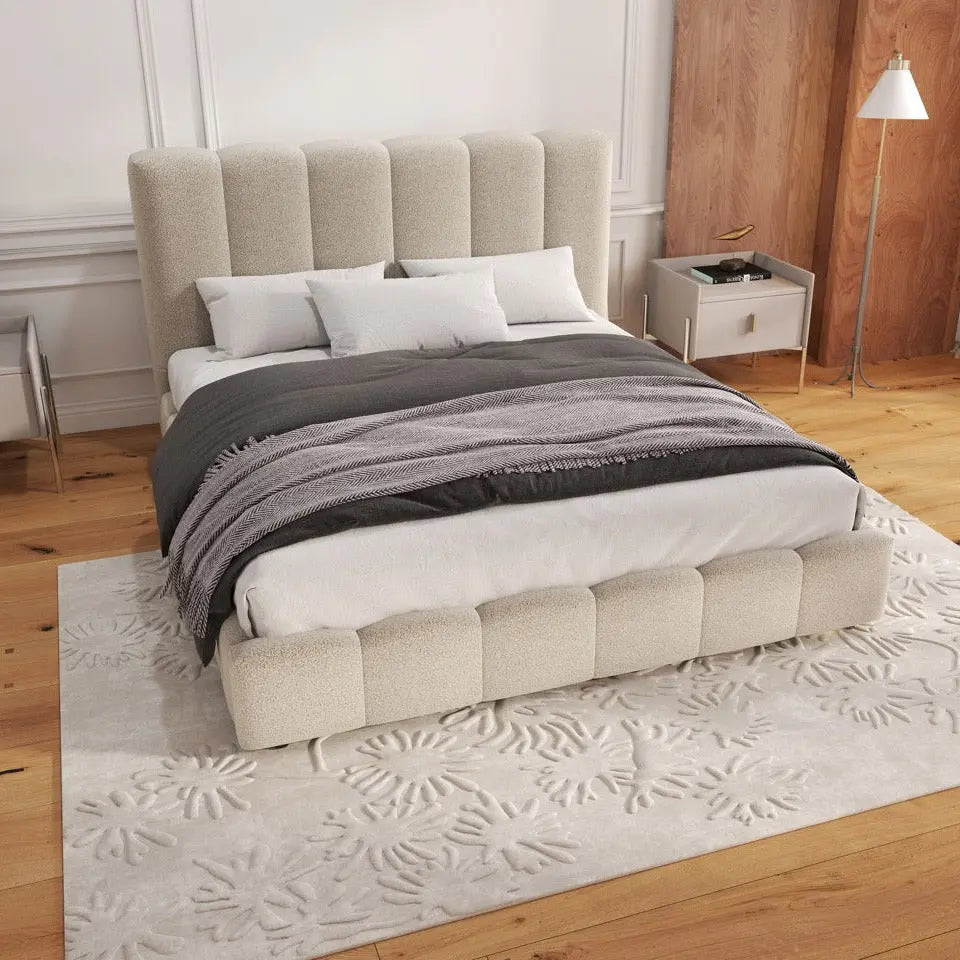 Pat dormitor dumonde, tapitat bej, Milano 160x200 cm, somiera rabatabila inclusa, spatiu depozitare WLS