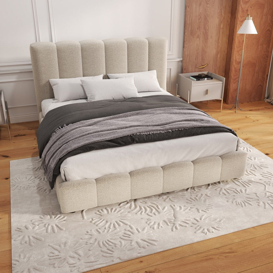 Pat dormitor dumonde, tapitat bej, Milano 180x200 cm, somiera rabatabila inclusa, spatiu depozitare