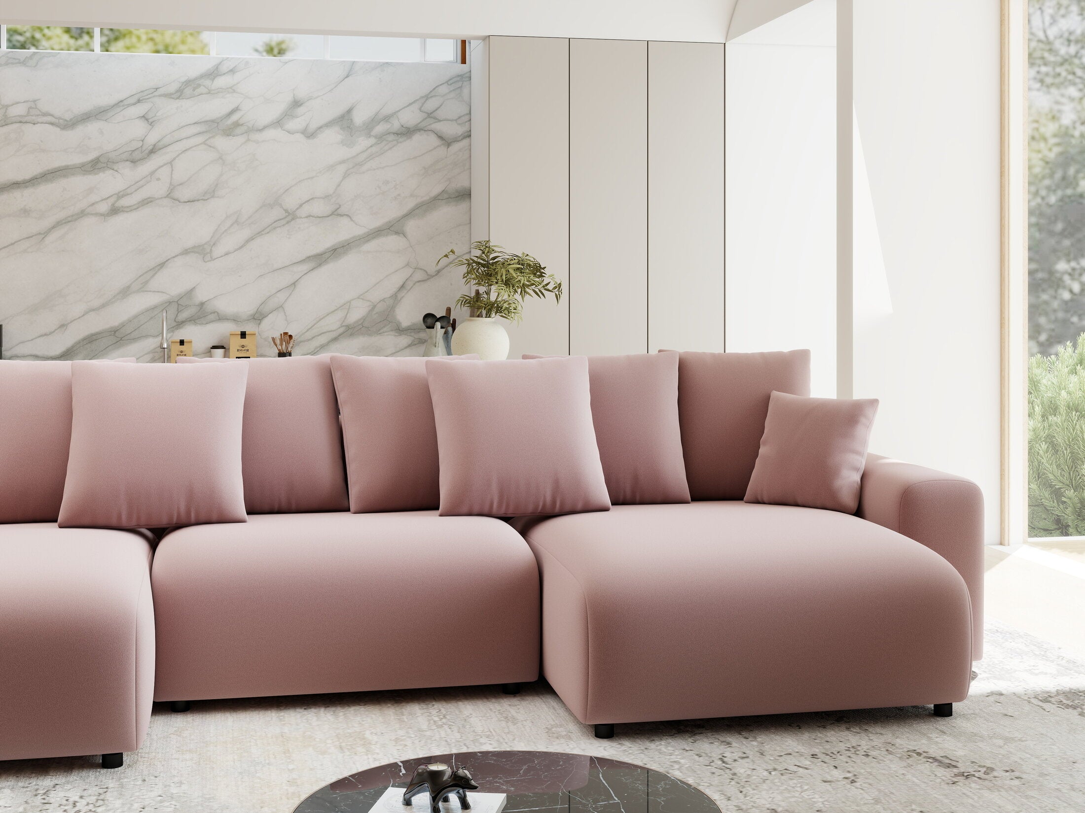 Colțar extensibil dumonde cu ladă de depozitare si sezut confortabil din spuma HR, Luma U Royal Roz 336x140 cm