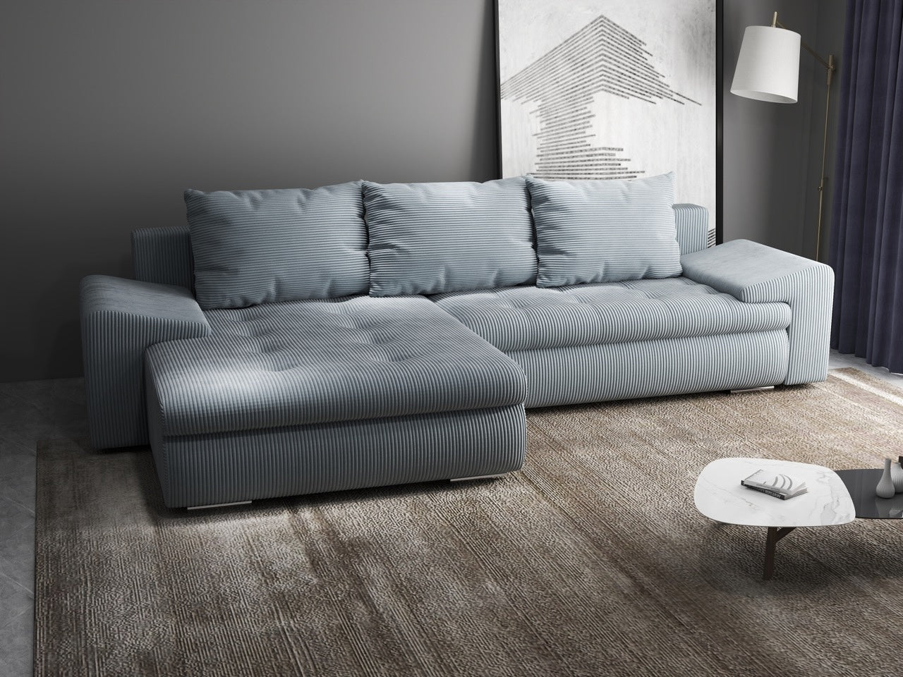 Colțar extensibil dumonde cu ladă de depozitare si sezut confortabil din spuma HR, Leonardo Zoom Grey 260x185 cm Fabrica