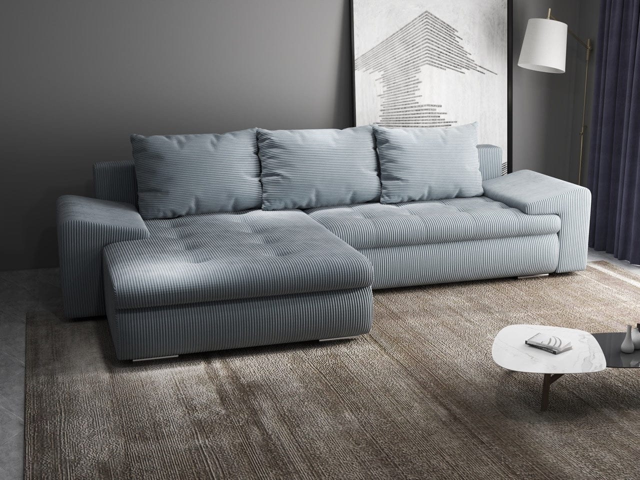 Colțar extensibil dumonde cu ladă de depozitare si sezut confortabil din spuma HR, Leonardo Zoom Grey 260x185 cm Fabrica