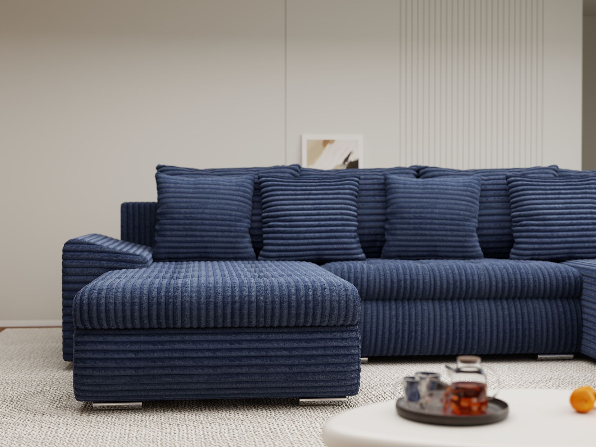 Colțar extensibil dumonde cu ladă de depozitare si sezut confortabil din spuma high-density, Leonardo U Tilia Albastru 77 360x185 cm