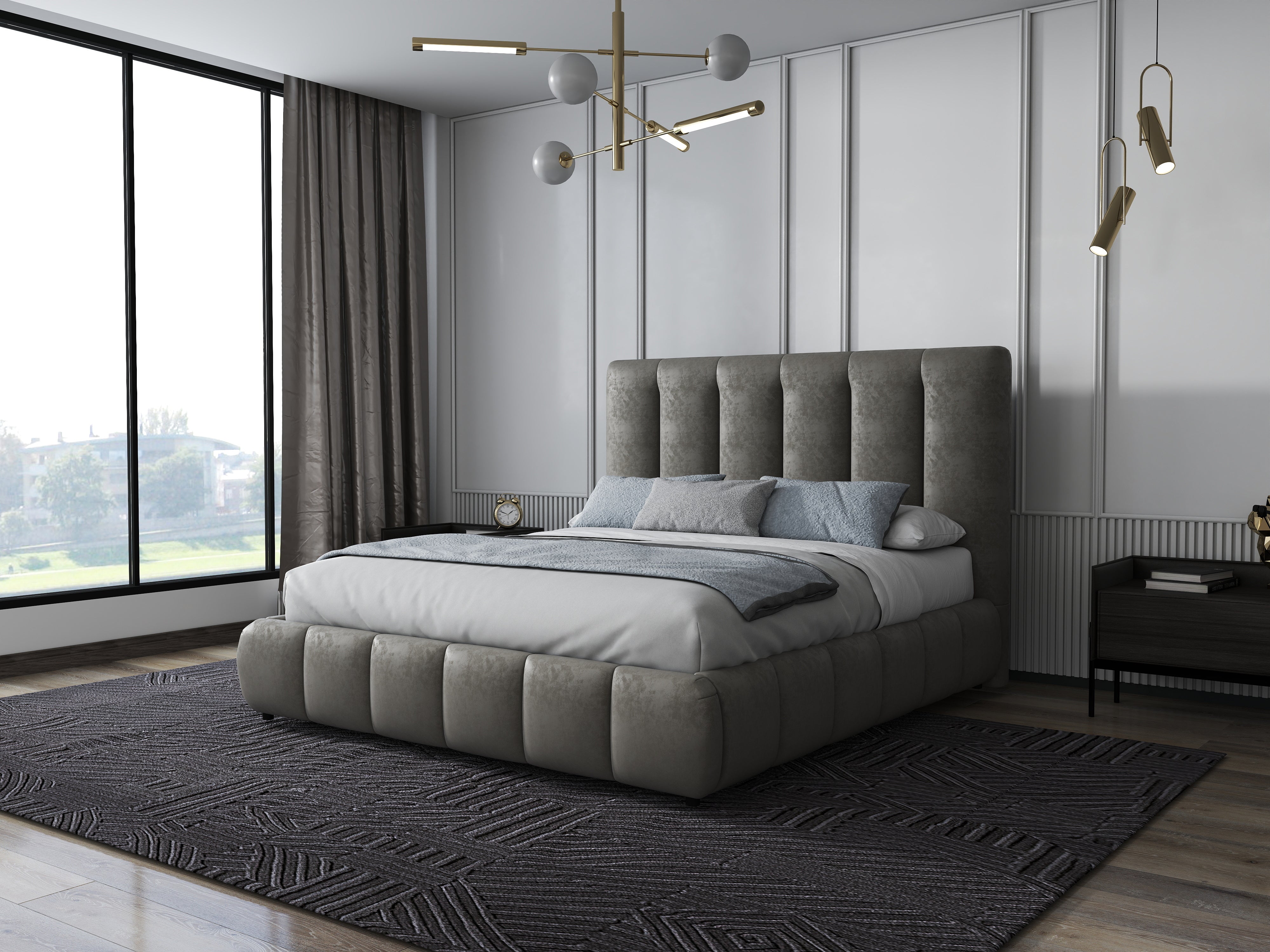 Pat dormitor dumonde, tapitat bej, Divaneo 160x200 cm, somiera rabatabila inclusa, spatiu depozitare WLS