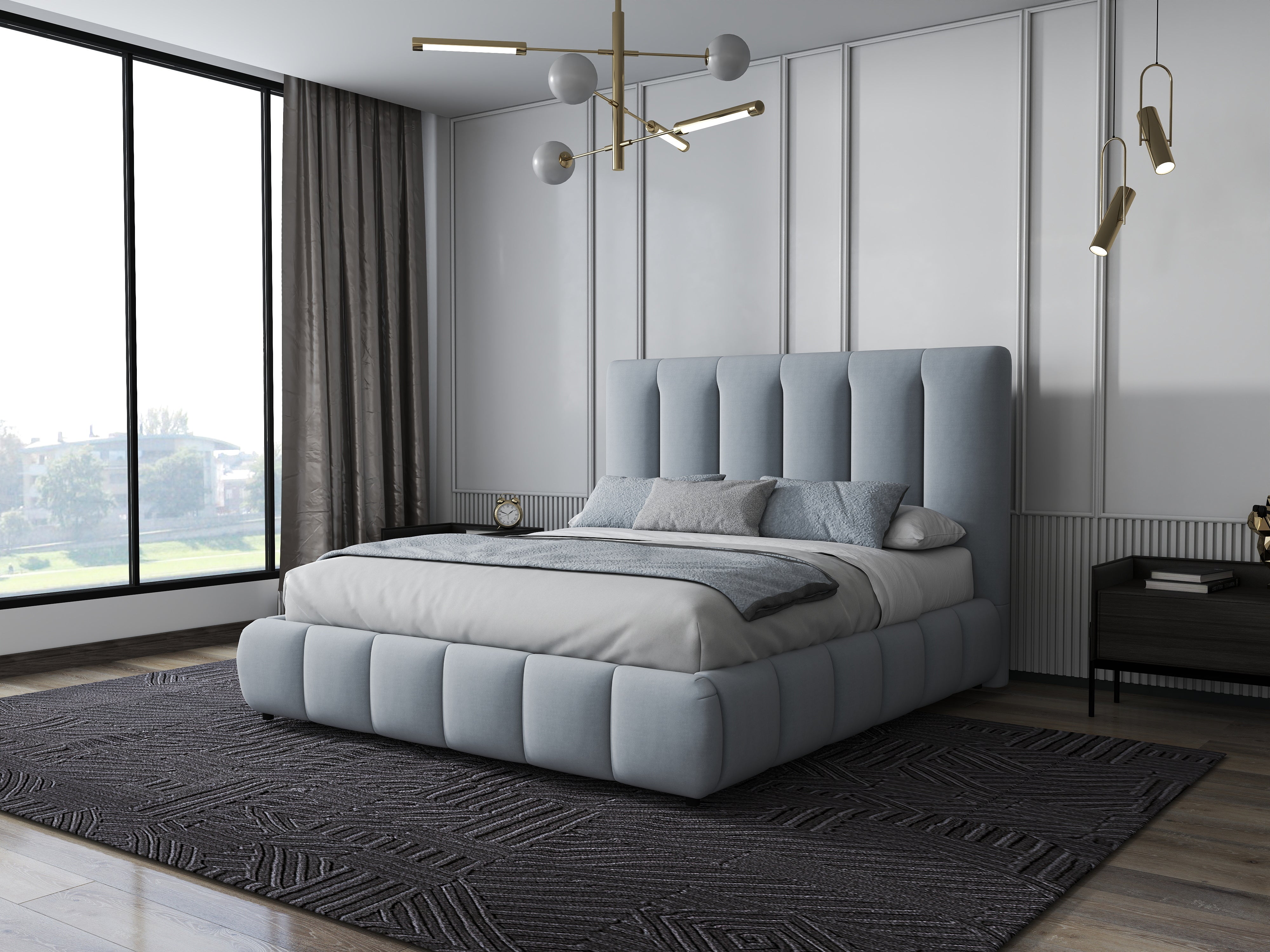 Pat dormitor dumonde, tapitat gri, Divaneo 160x200 cm, somiera rabatabila inclusa, spatiu depozitare WLS