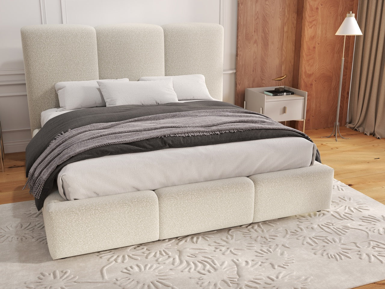 Pat dormitor dumonde, tapitat bej, Dinasty 160x200 cm, somiera rabatabila inclusa, spatiu depozitare