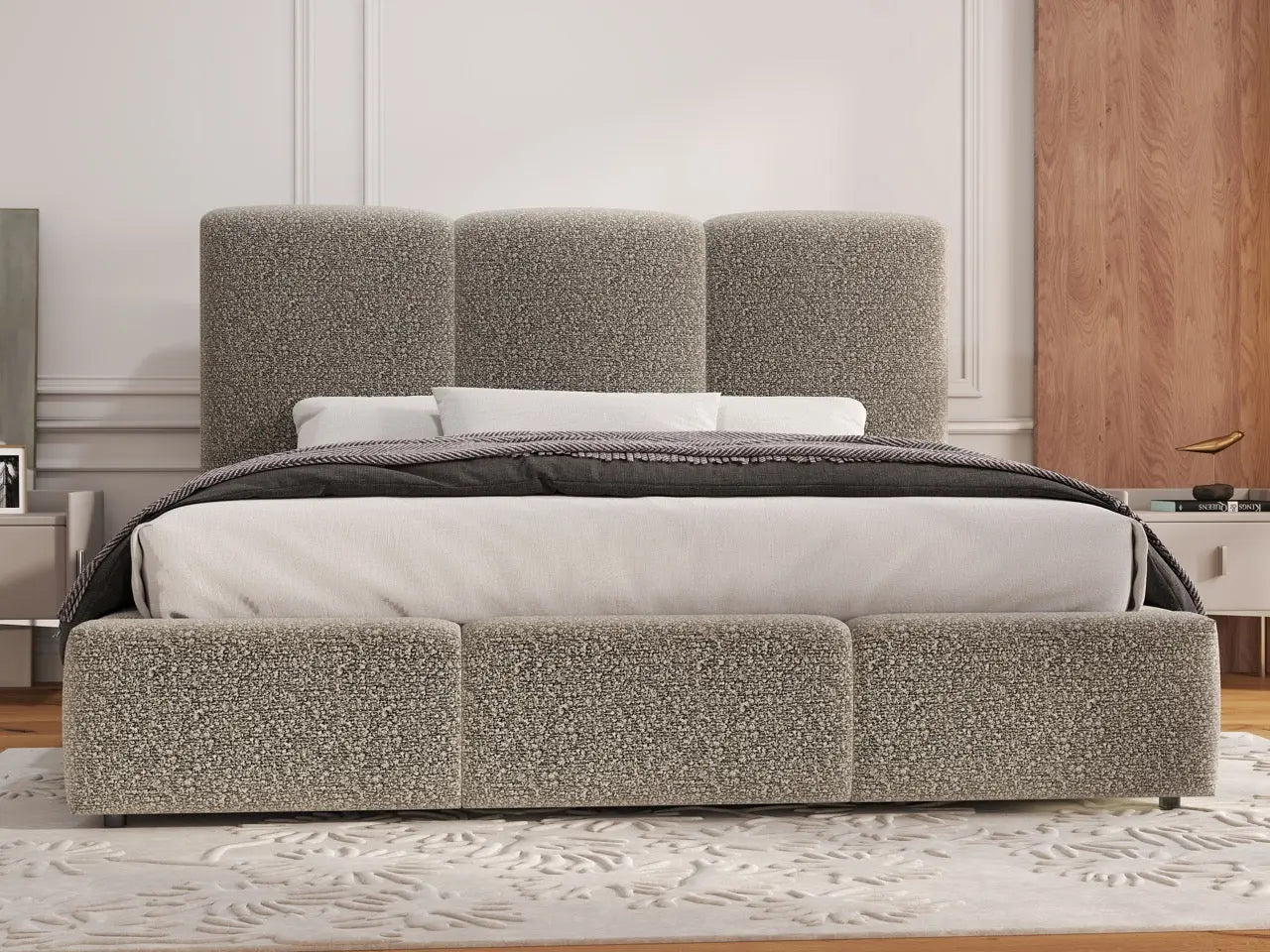 Pat dormitor dumonde, tapitat bej, Dinasty 180x200 cm, somiera rabatabila inclusa, spatiu depozitare WLS