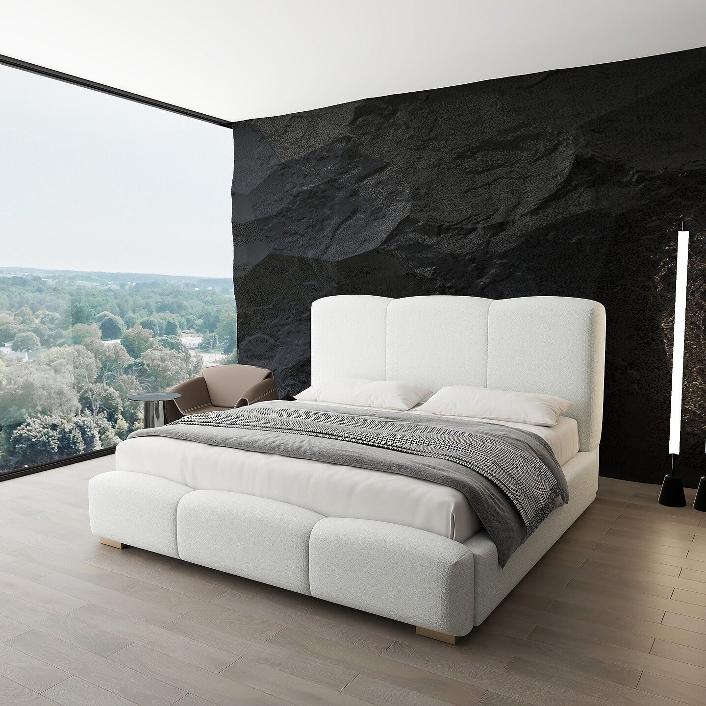 Pat dormitor dumonde, tapitat alb, Havana 140x200 cm, somiera rabatabila inclusa, spatiu depozitare