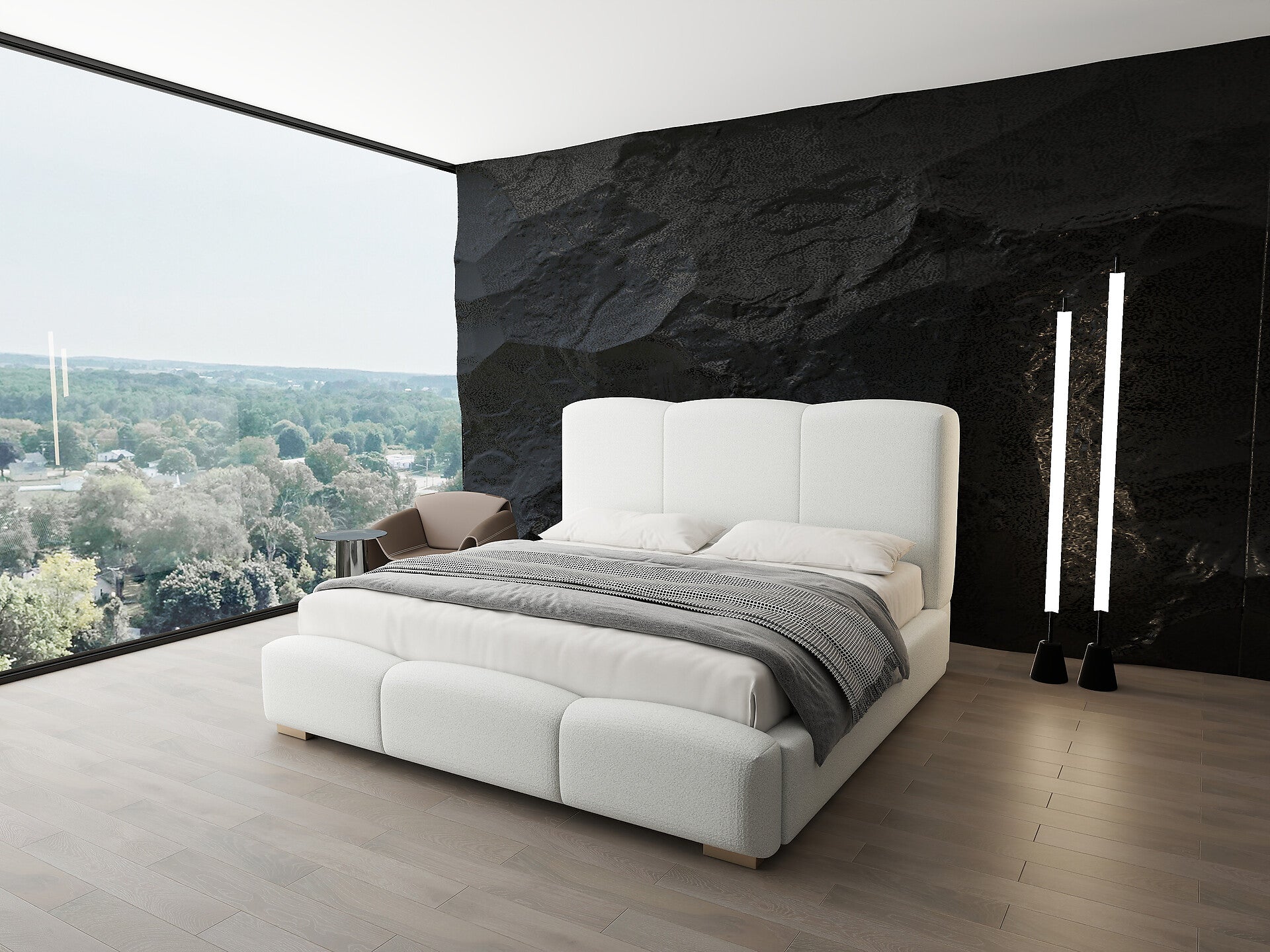 Pat dormitor dumonde, tapitat alb, Havana 180x200 cm, somiera rabatabila inclusa, spatiu depozitare