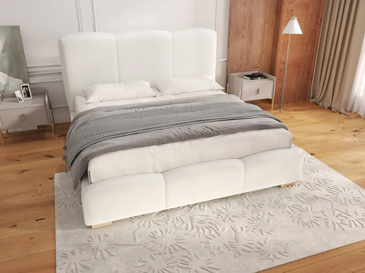 Pat dormitor dumonde, tapitat alb, Havana 140x200 cm, somiera rabatabila inclusa, spatiu depozitare WLS