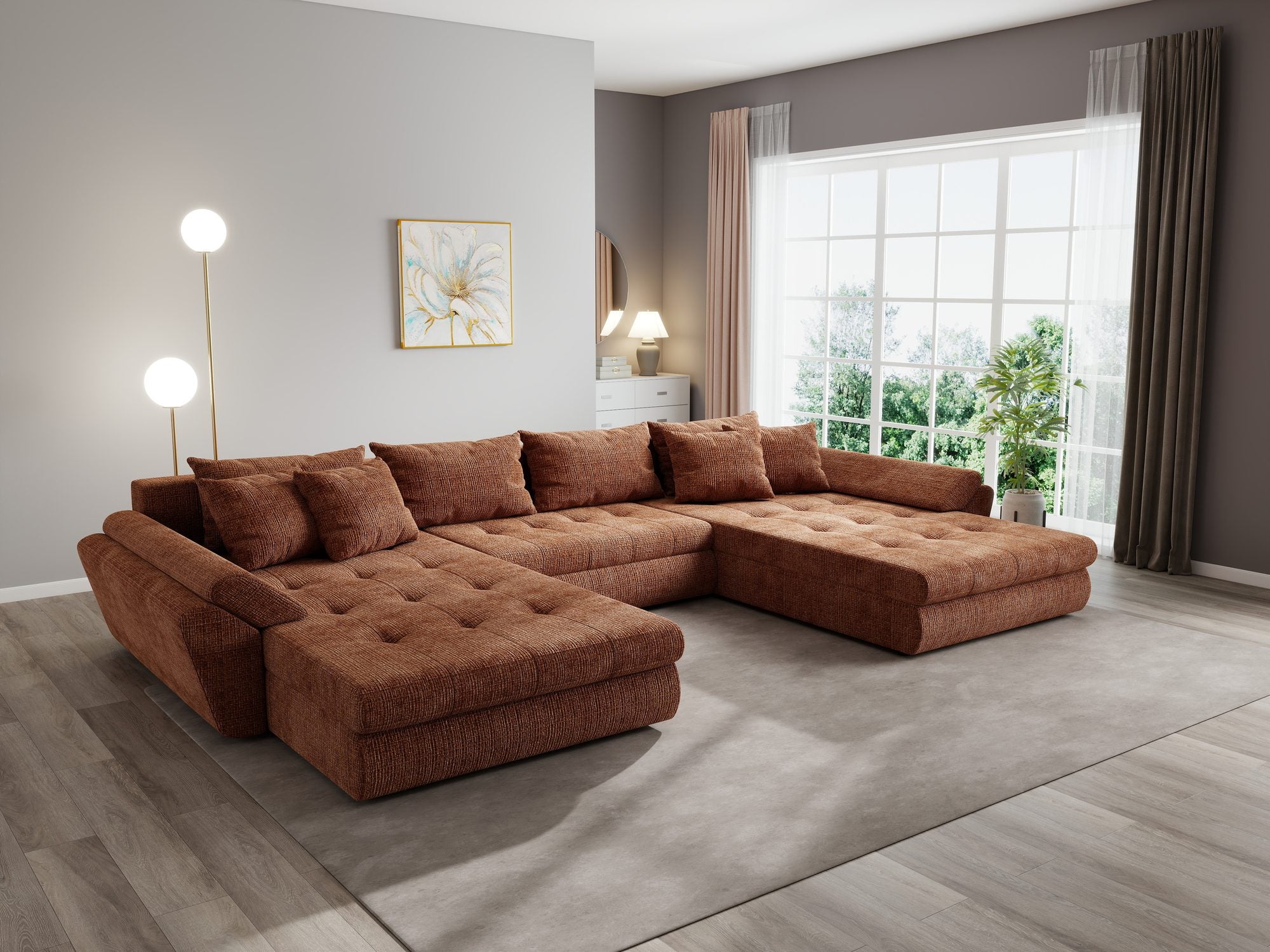 Colțar extensibil dumonde cu ladă de depozitare si sezut confortabil din spuma high-density, Loana U Cremona Teracota 52 355x185 cm