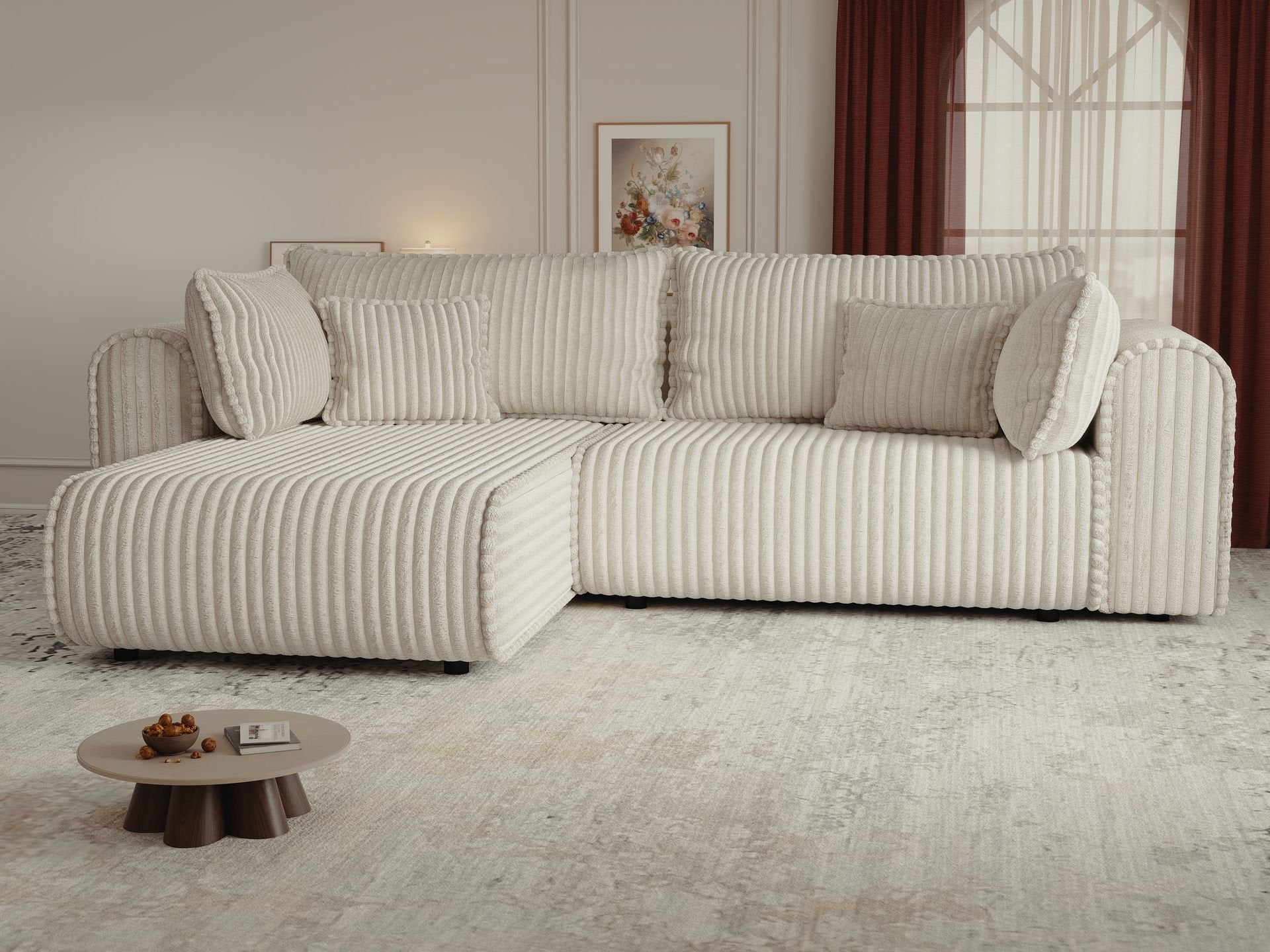 Colțar extensibil dumonde cu ladă de depozitare si sezut confortabil din spuma high-density, Monaco L Tilia Crem 270x100 cm