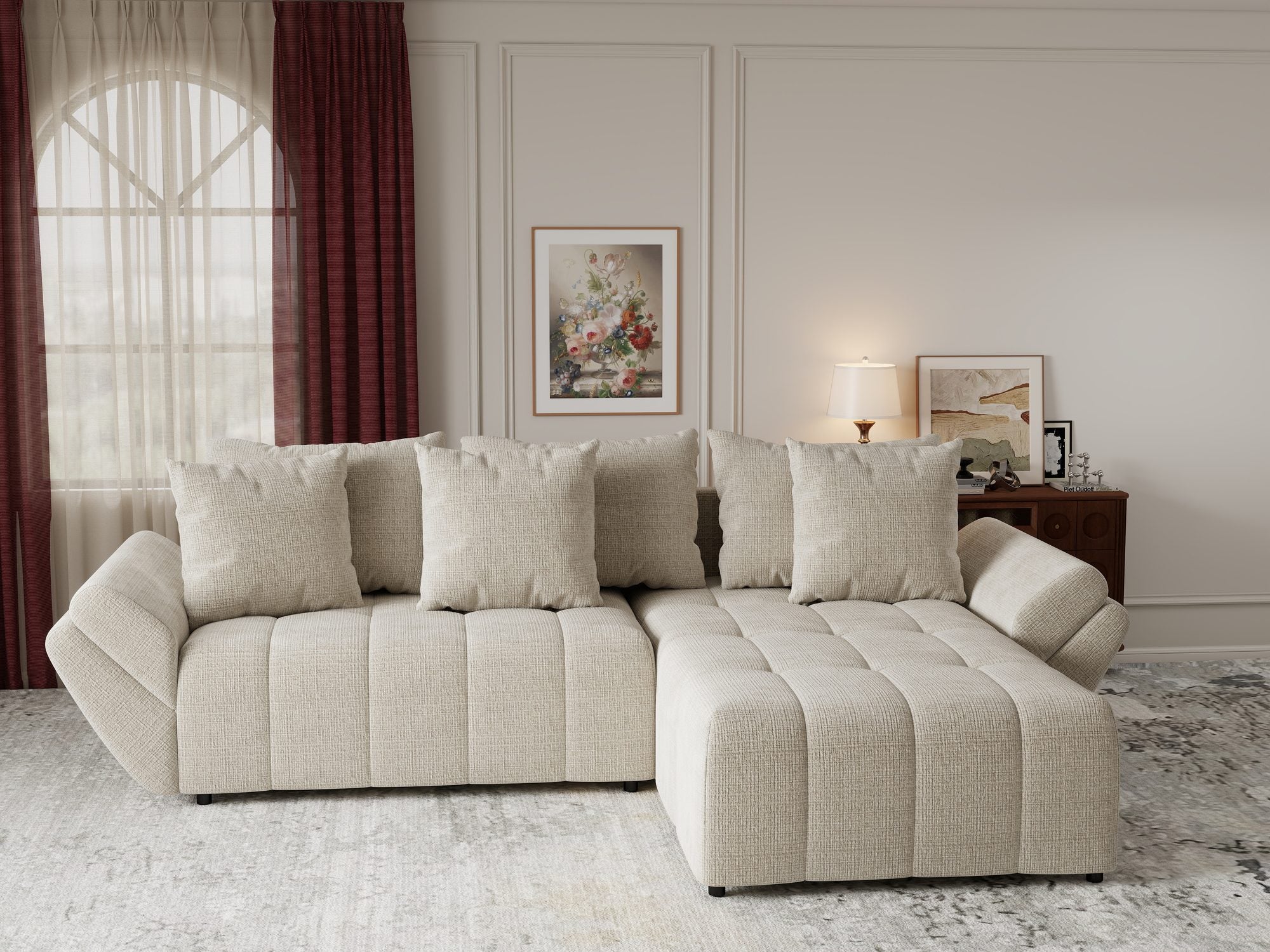 Colțar extensibil dumonde cu ladă de depozitare si sezut confortabil din spuma high-density, Berlin Cremona Gri Deschis 02 II 280x185 cm