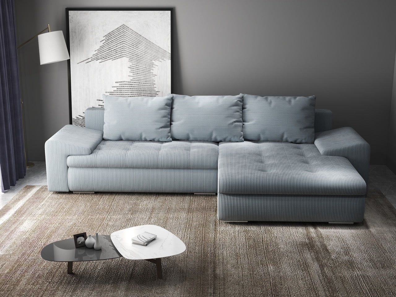 Colțar extensibil dumonde cu ladă de depozitare si sezut confortabil din spuma HR, Leonardo Zoom Grey 260x185 cm II Fabrica