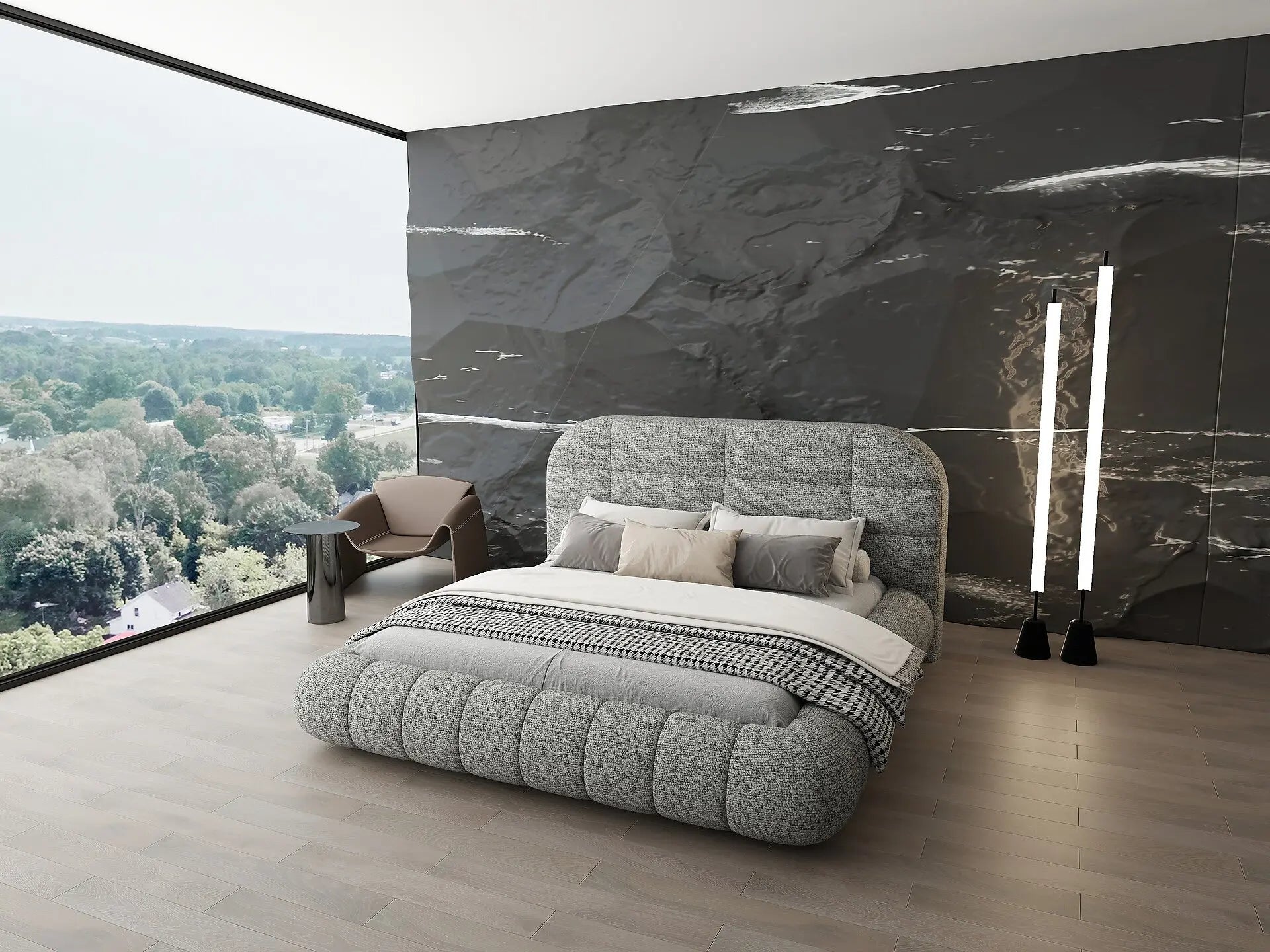 Pat dormitor dumonde, tapitat gri, Senso 180x200 cm, somiera rabatabila inclusa, spatiu depozitare WLS