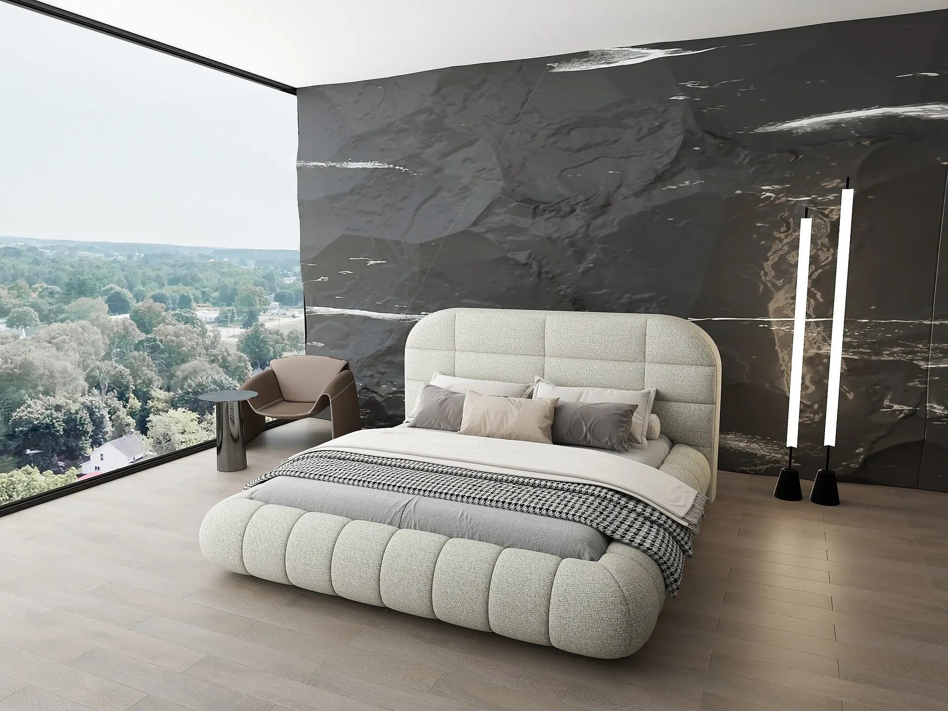 Pat dormitor dumonde, tapitat bej, Senso 180x200 cm, somiera rabatabila inclusa, spatiu depozitare WLS