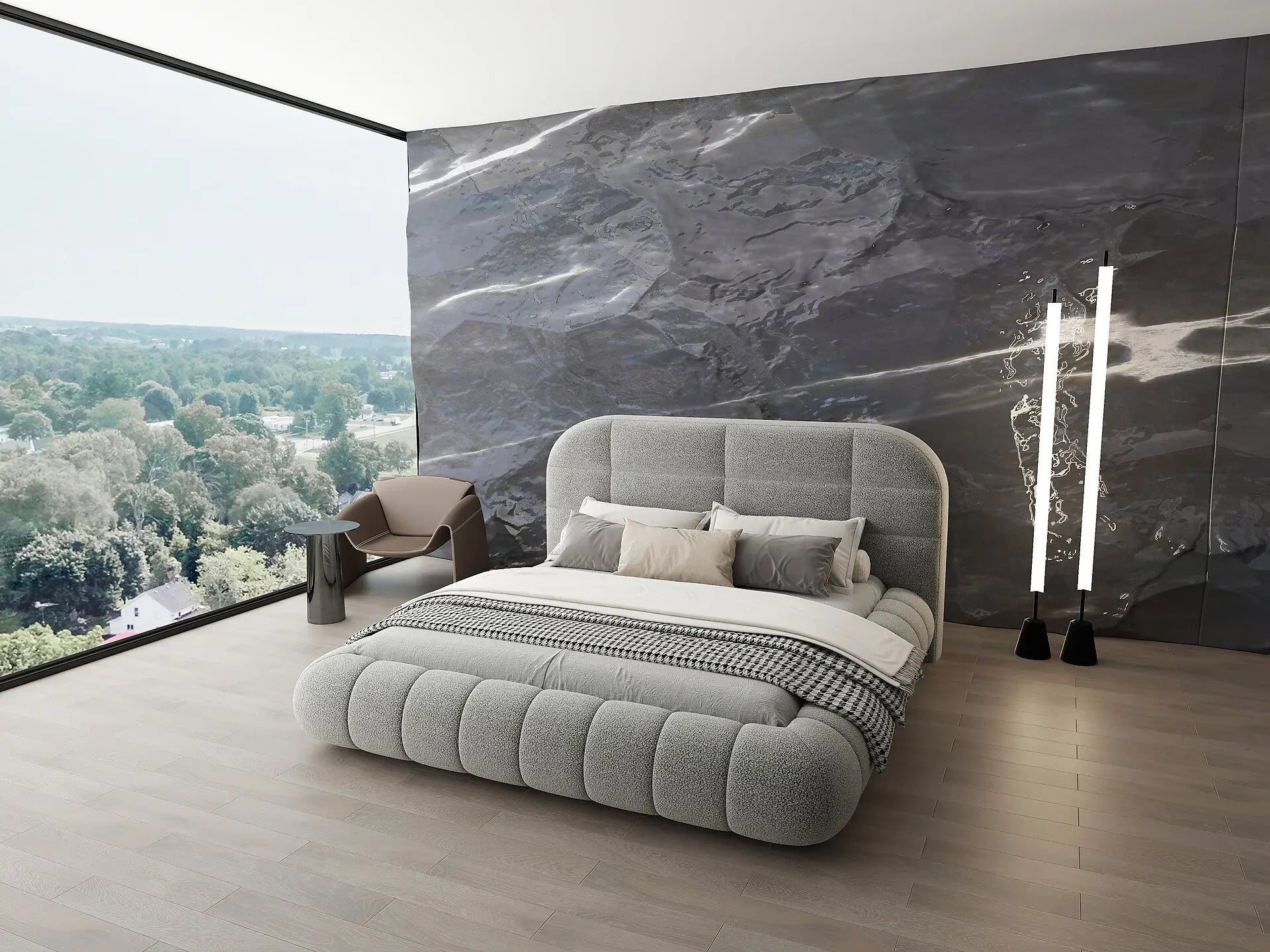 Pat dormitor dumonde, tapitat gri, Senso 160x200 cm, somiera rabatabila inclusa, spatiu depozitare WLS