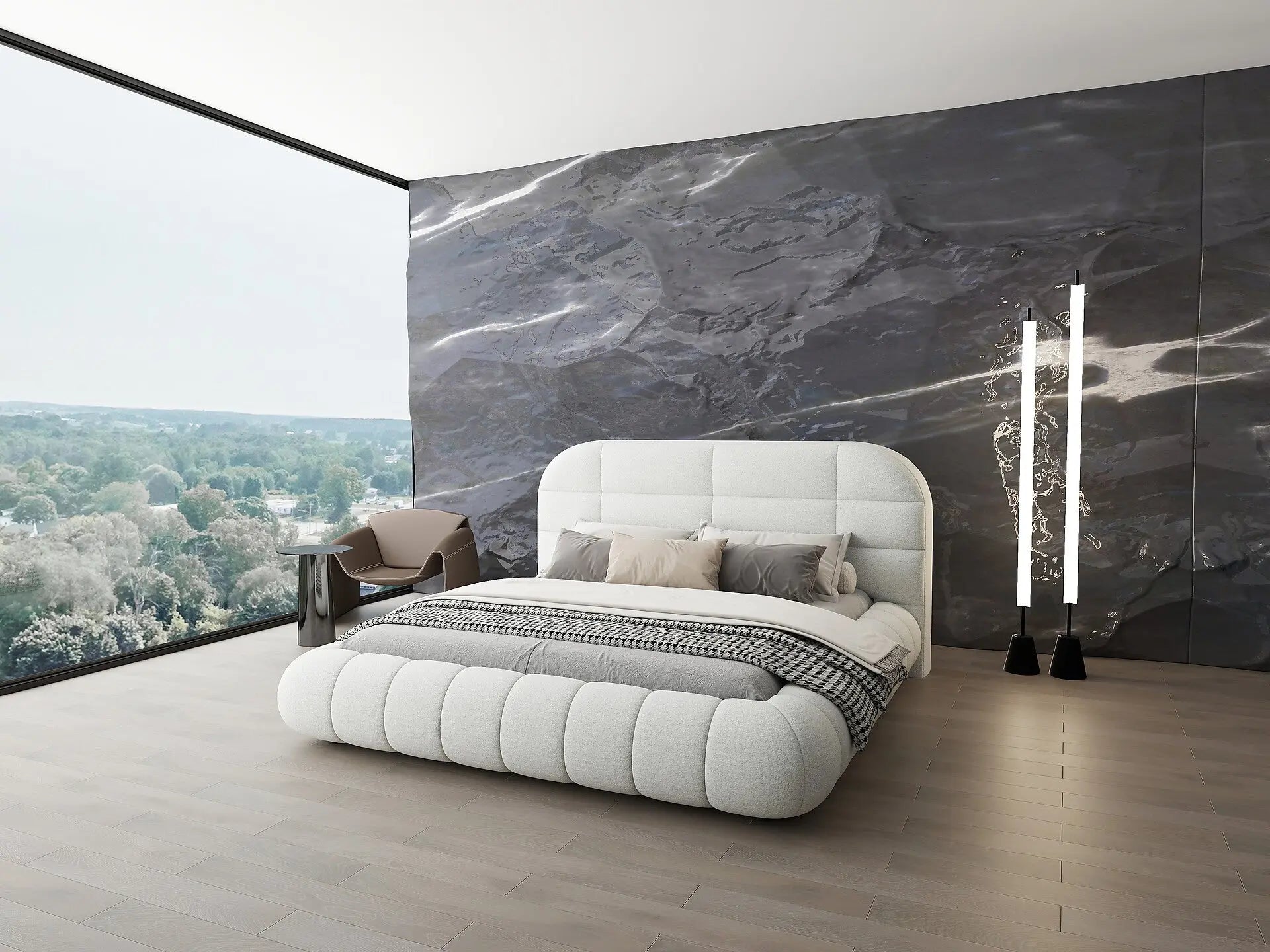 Pat dormitor dumonde, tapitat alb, Senso 160x200 cm, somiera rabatabila inclusa, spatiu depozitare WLS