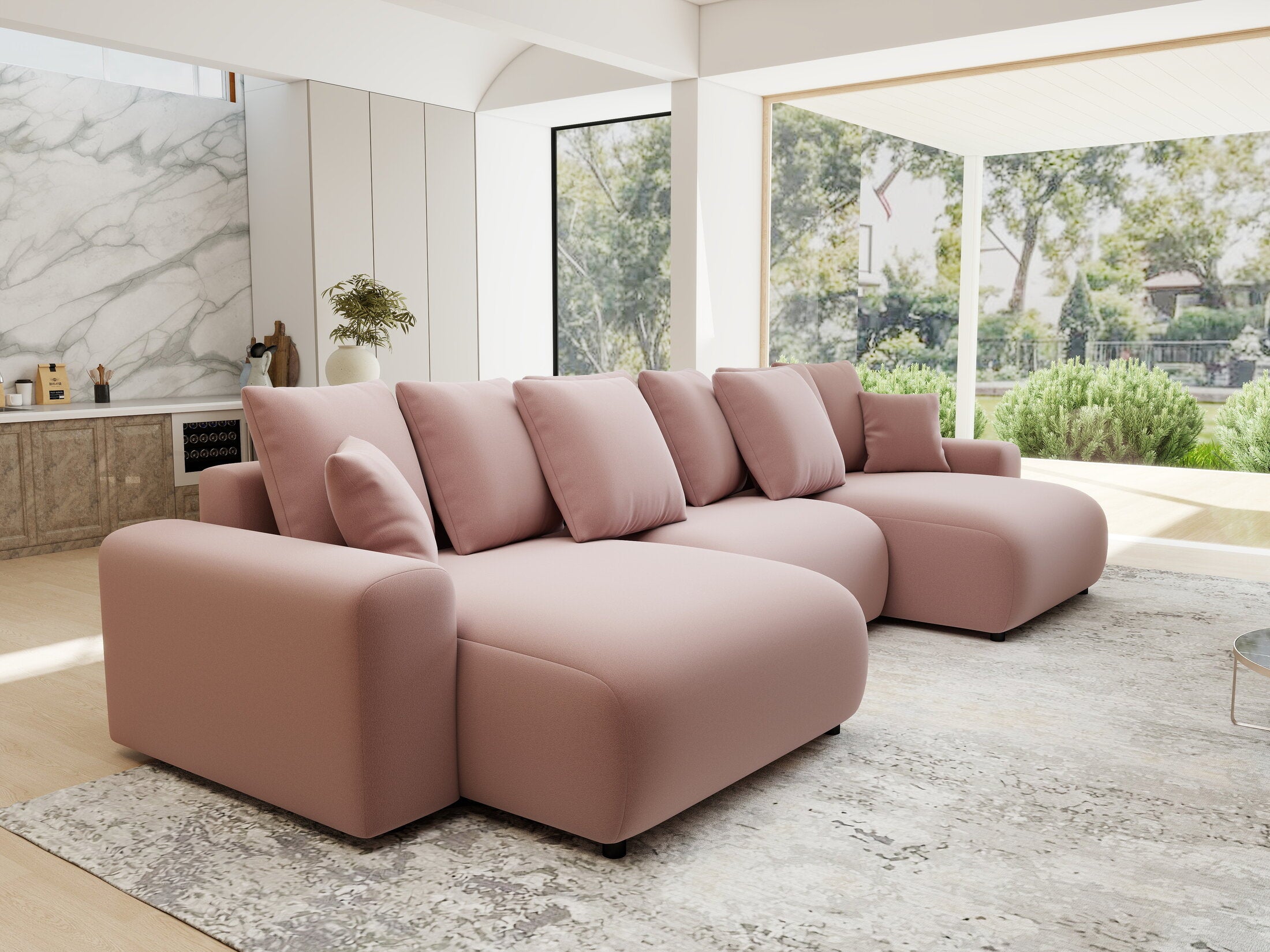 Colțar extensibil dumonde cu ladă de depozitare si sezut confortabil din spuma HR, Luma U Royal Roz 336x140 cm