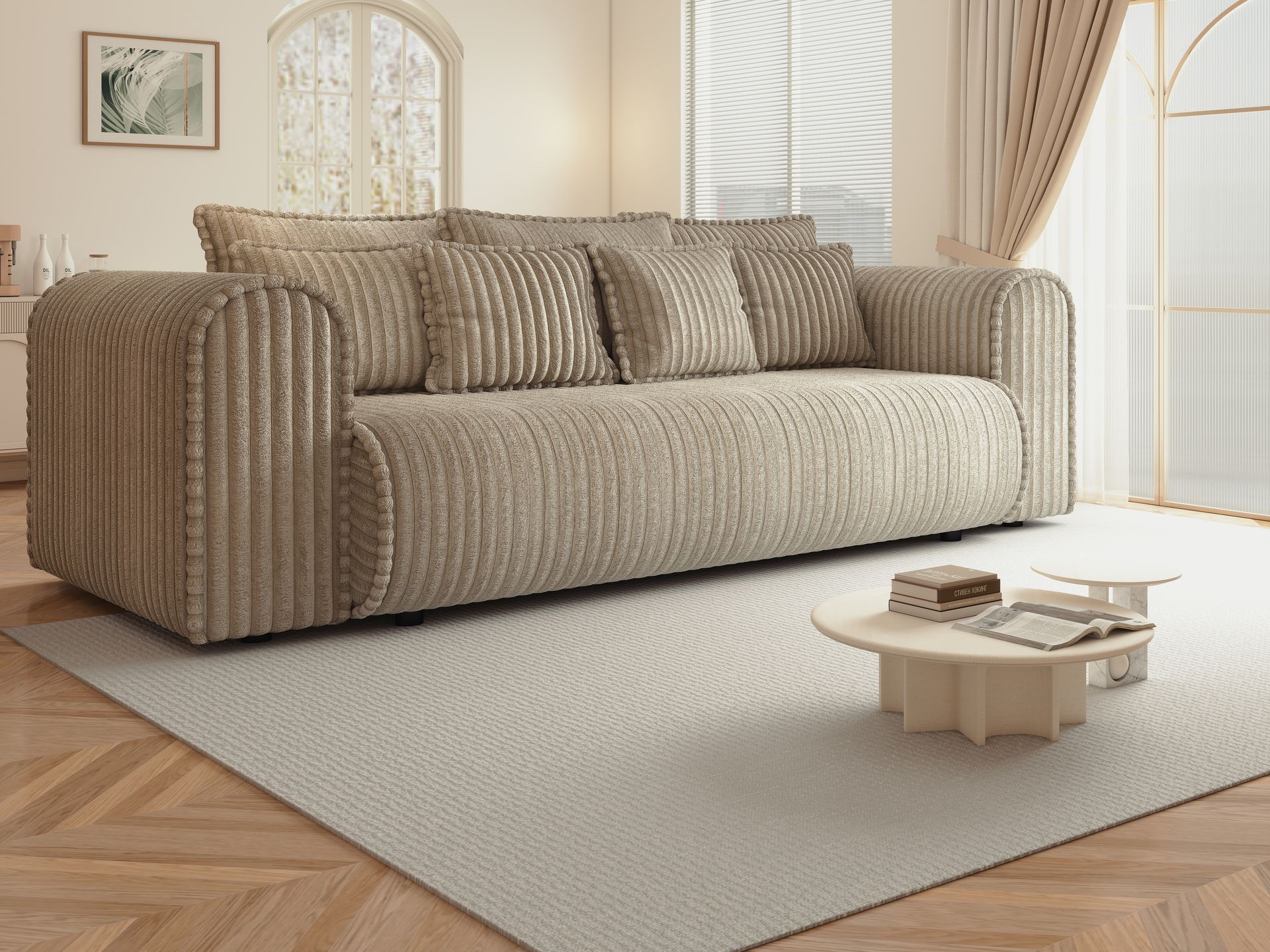Canapea extensibilă dumonde cu ladă de depozitare si sezut confortabil din spuma high-density, Monaco Mica Tilia Bej 240x100 cm