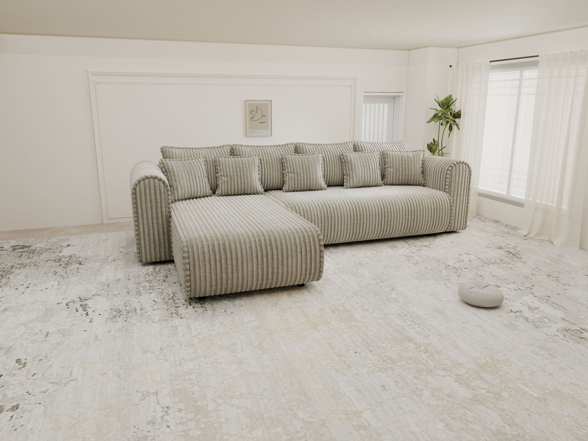 Colțar extensibil dumonde cu ladă de depozitare si sezut confortabil din spuma high-density, Monaco XL Tilia Capucino 340x185 cm