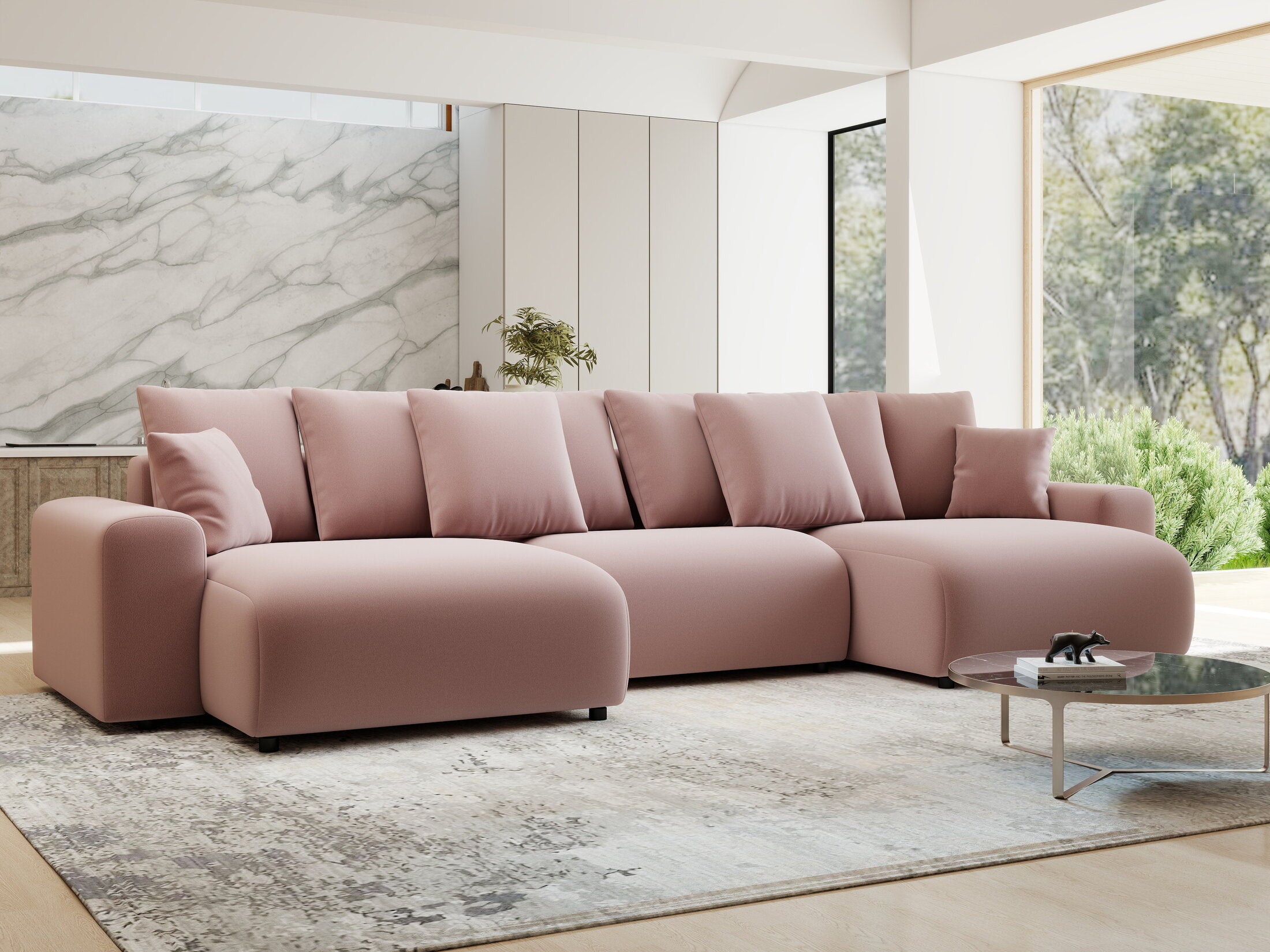 Colțar extensibil dumonde cu ladă de depozitare si sezut confortabil din spuma HR, Luma U Royal Roz 336x140 cm