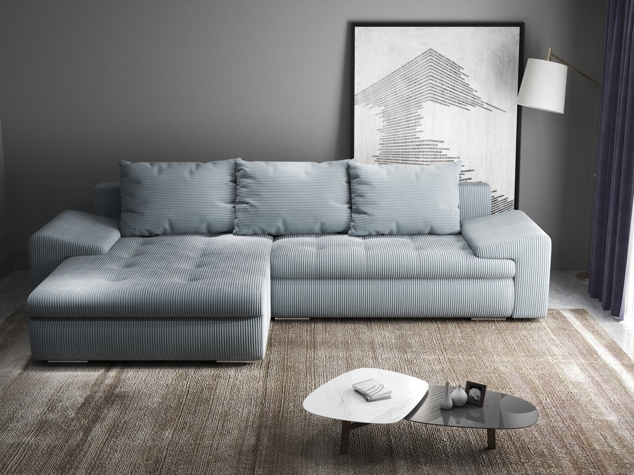 Colțar extensibil dumonde cu ladă de depozitare si sezut confortabil din spuma HR, Leonardo Zoom Grey 260x185 cm Fabrica