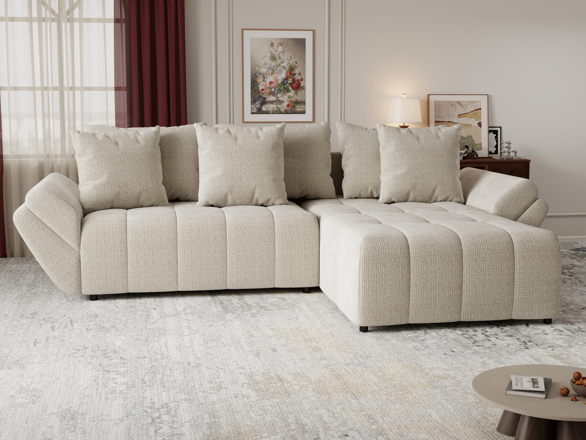 Colțar extensibil dumonde cu ladă de depozitare si sezut confortabil din spuma high-density, Berlin Cremona Gri Deschis 02 II 280x185 cm