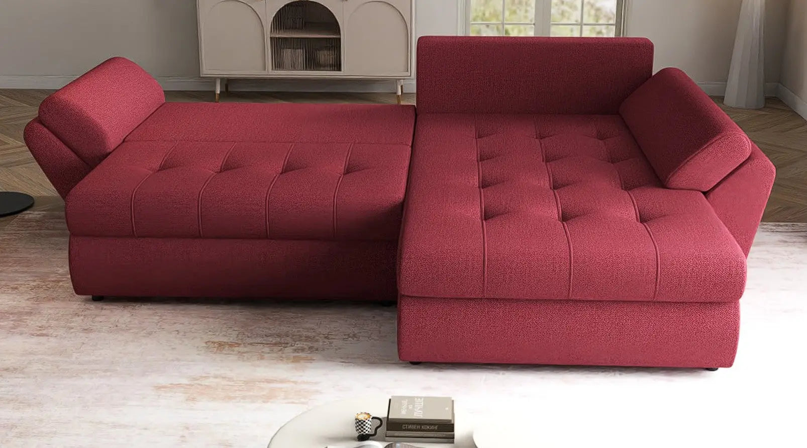 Colțar extensibil dumonde cu ladă de depozitare si sezut confortabil din spuma HR, Loana Bordoux II 270x185 cm Fabrica