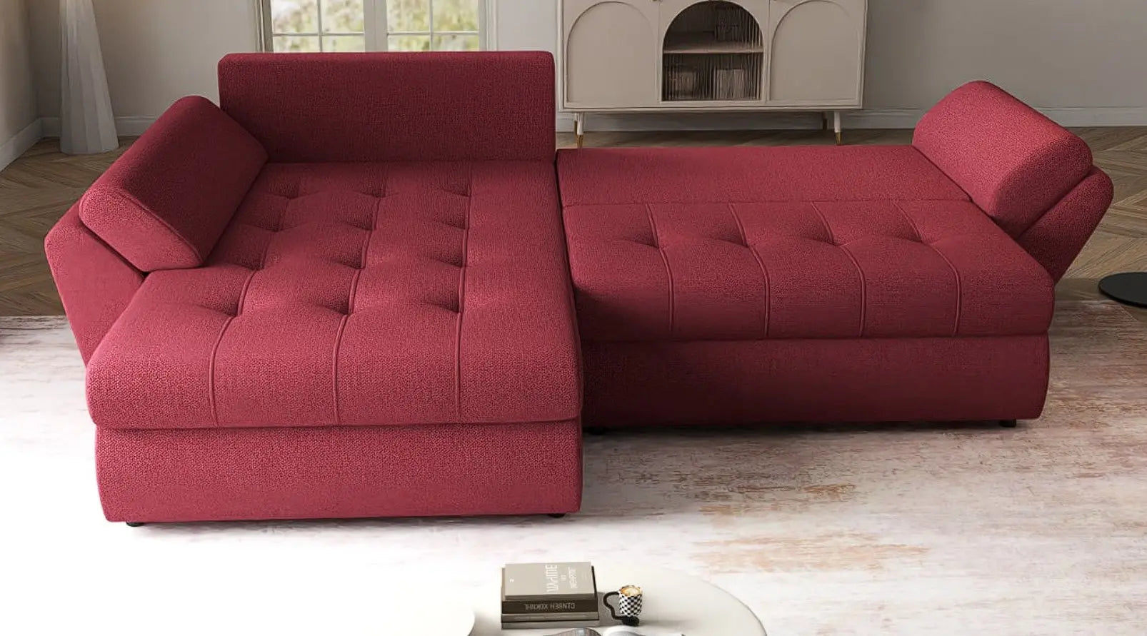 Colțar extensibil dumonde cu ladă de depozitare si sezut confortabil din spuma HR, Loana Bordoux 270x185 cm Fabrica