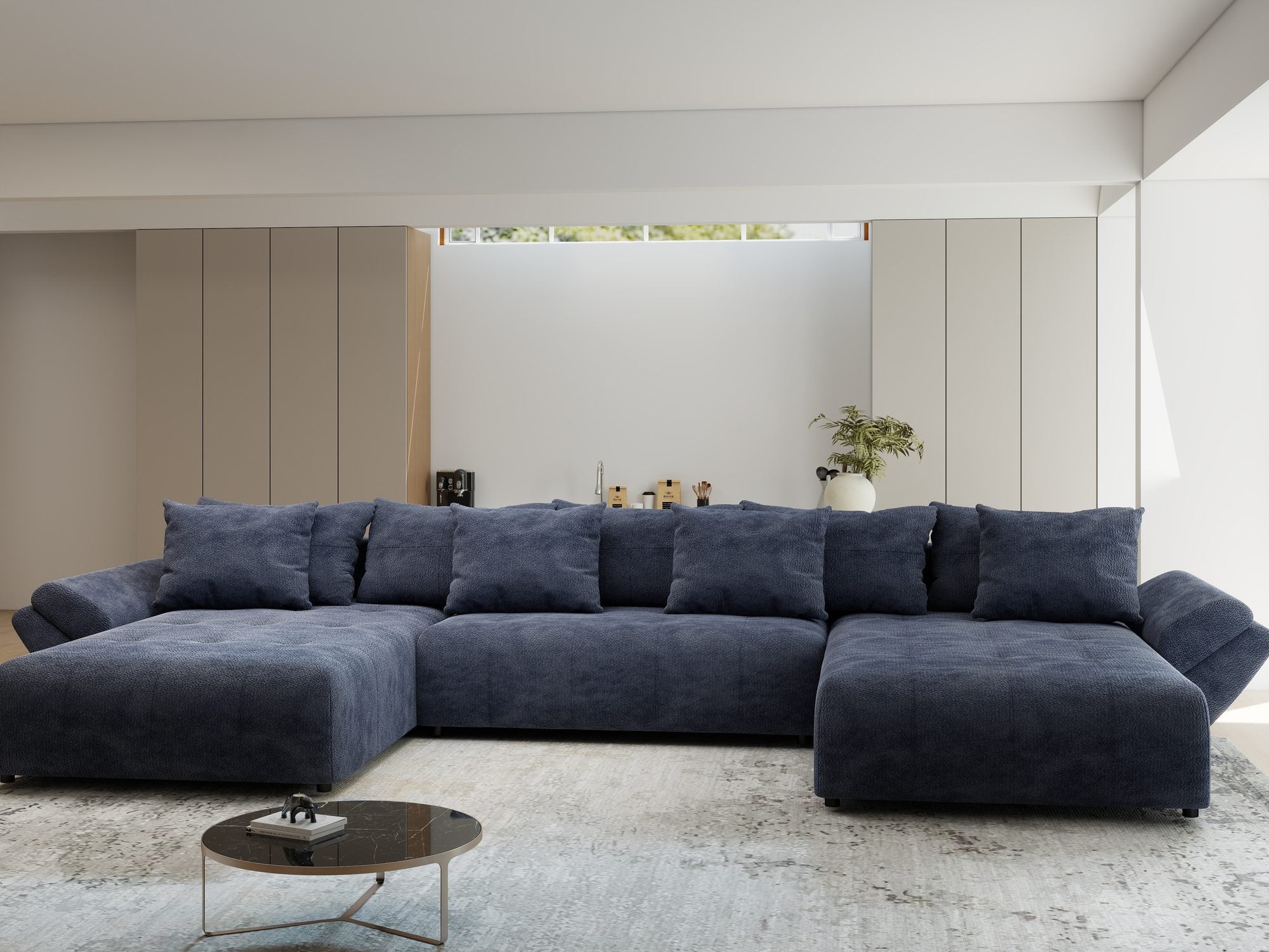 Colțar extensibil dumonde cu ladă de depozitare si sezut confortabil din spuma high-density, Berlin U Vibe Albastru 79 380x180 cm