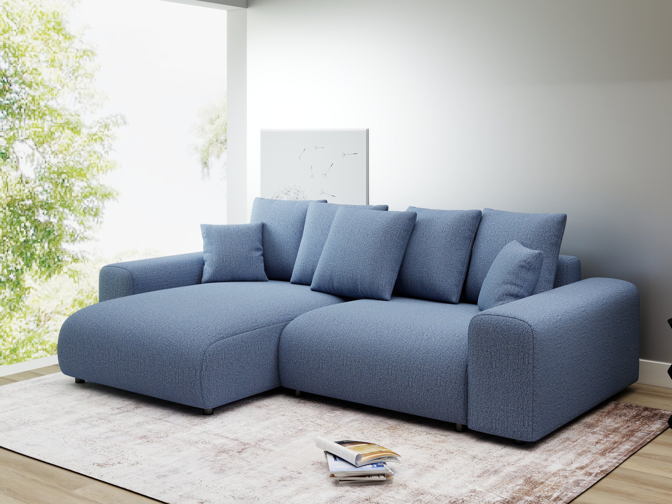 Colțar extensibil dumonde cu ladă de depozitare și șezut confortabil din spumă HR, Luma Enjoy Albastru 255x168 cm