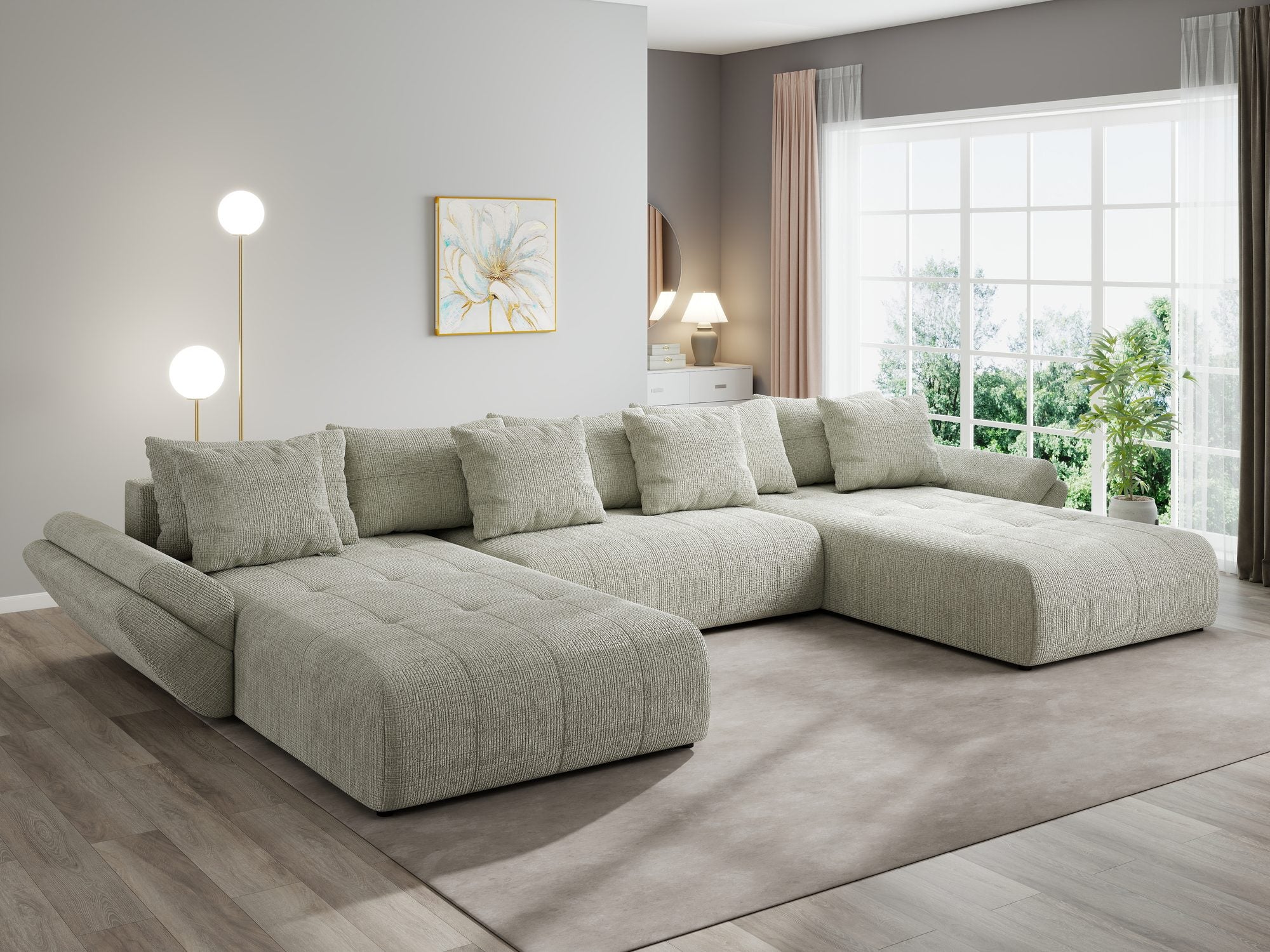 Colțar extensibil dumonde cu ladă de depozitare si sezut confortabil din spuma high-density, Berlin U Cremona Bej 04 380x180 cm