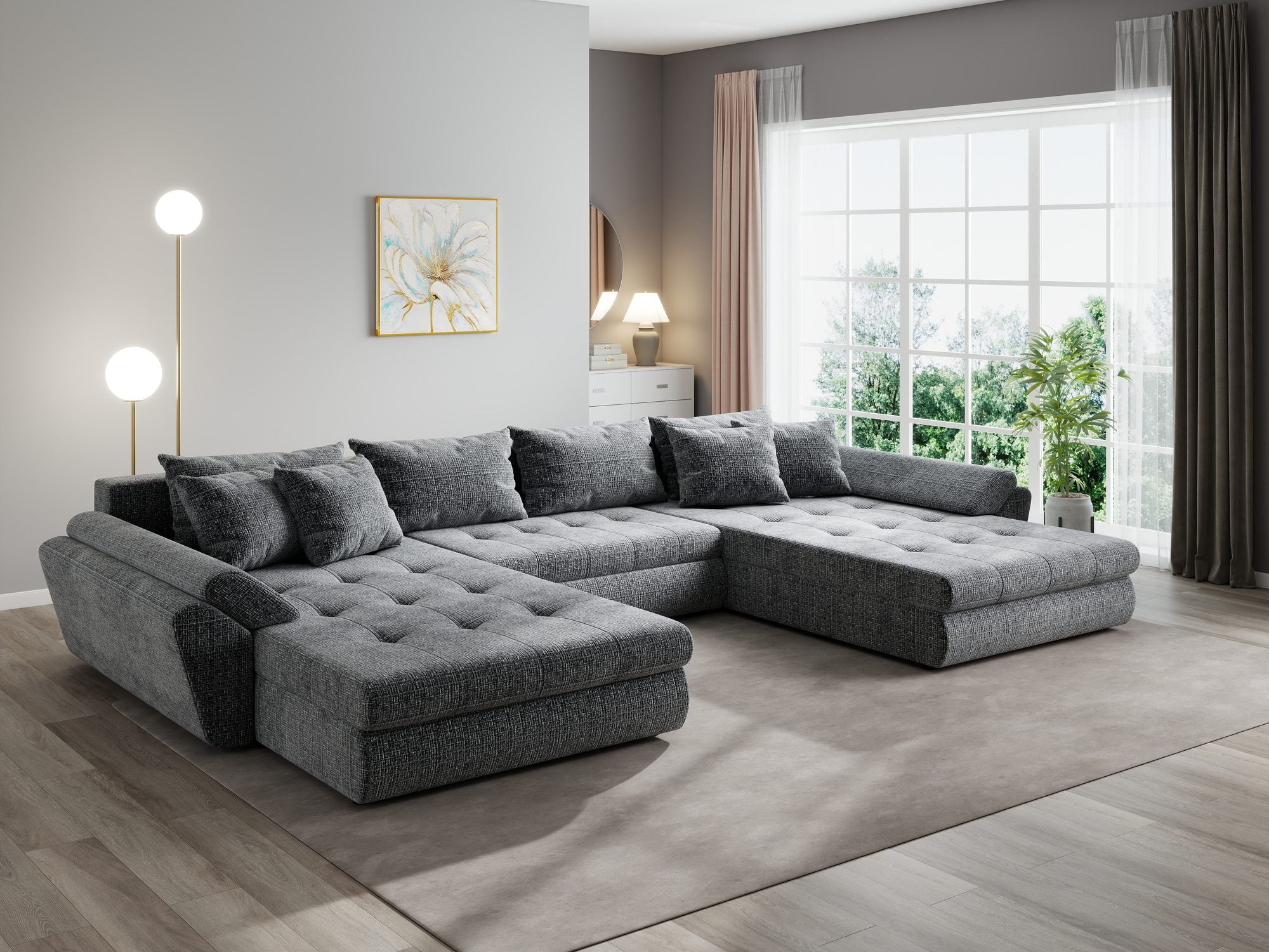 Colțar extensibil dumonde cu ladă de depozitare si sezut confortabil din spuma high-density, Loana U Cremona Gri 95 355x185 cm